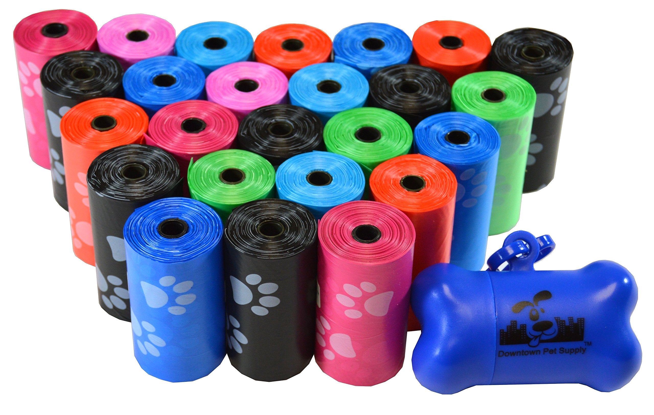 Downtown Pet Supply 500 Count Unscented Dog Waste Bags with Dog Poop Bag Dispenser, Rainbow with Paw Prints - Leak-Proof Dog Poo
