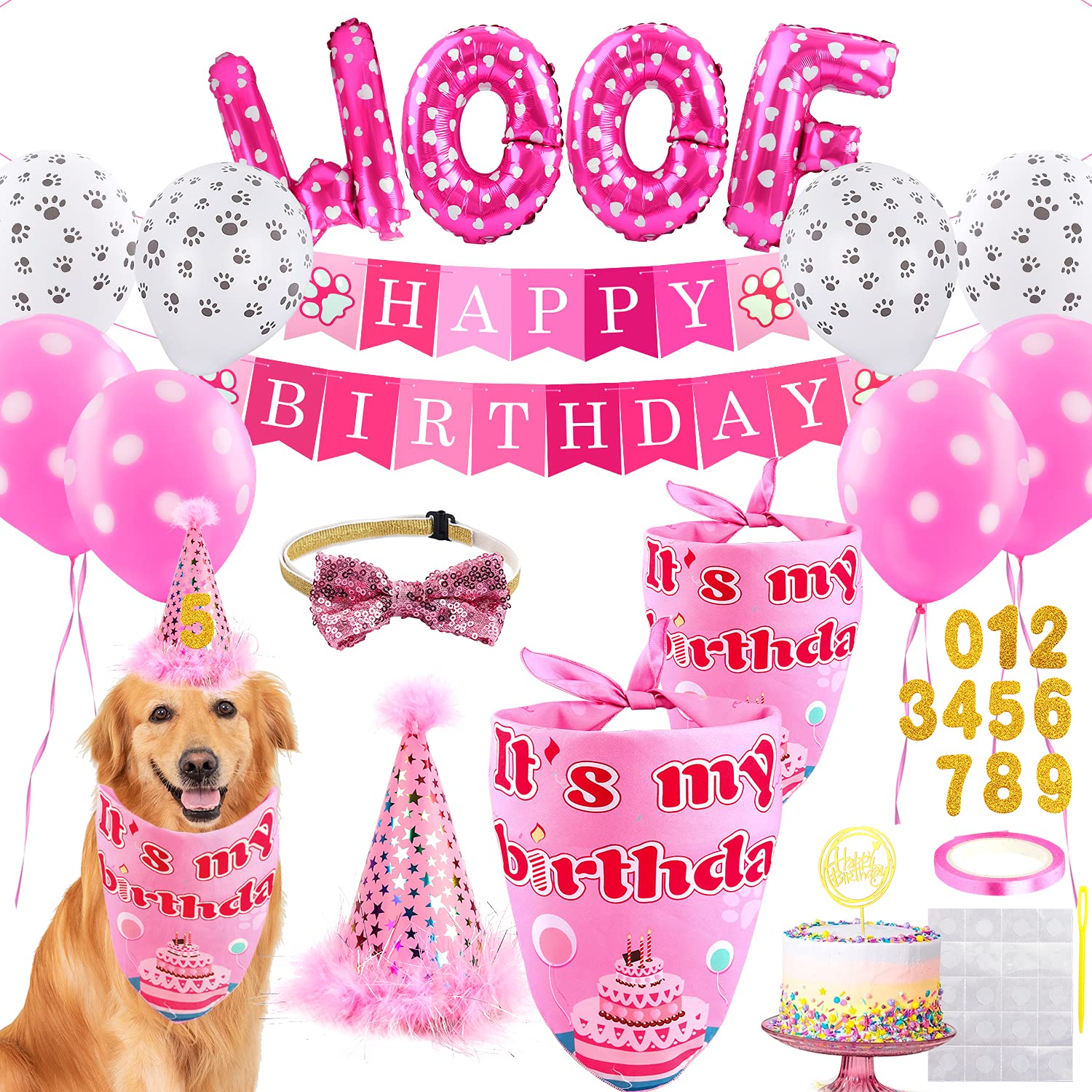 Dog Birthday Party Supplies - Girl Bandanas Set With Hat, Scarf, Banner, Balloons And Bowtie - Puppy Pals Party Decorations