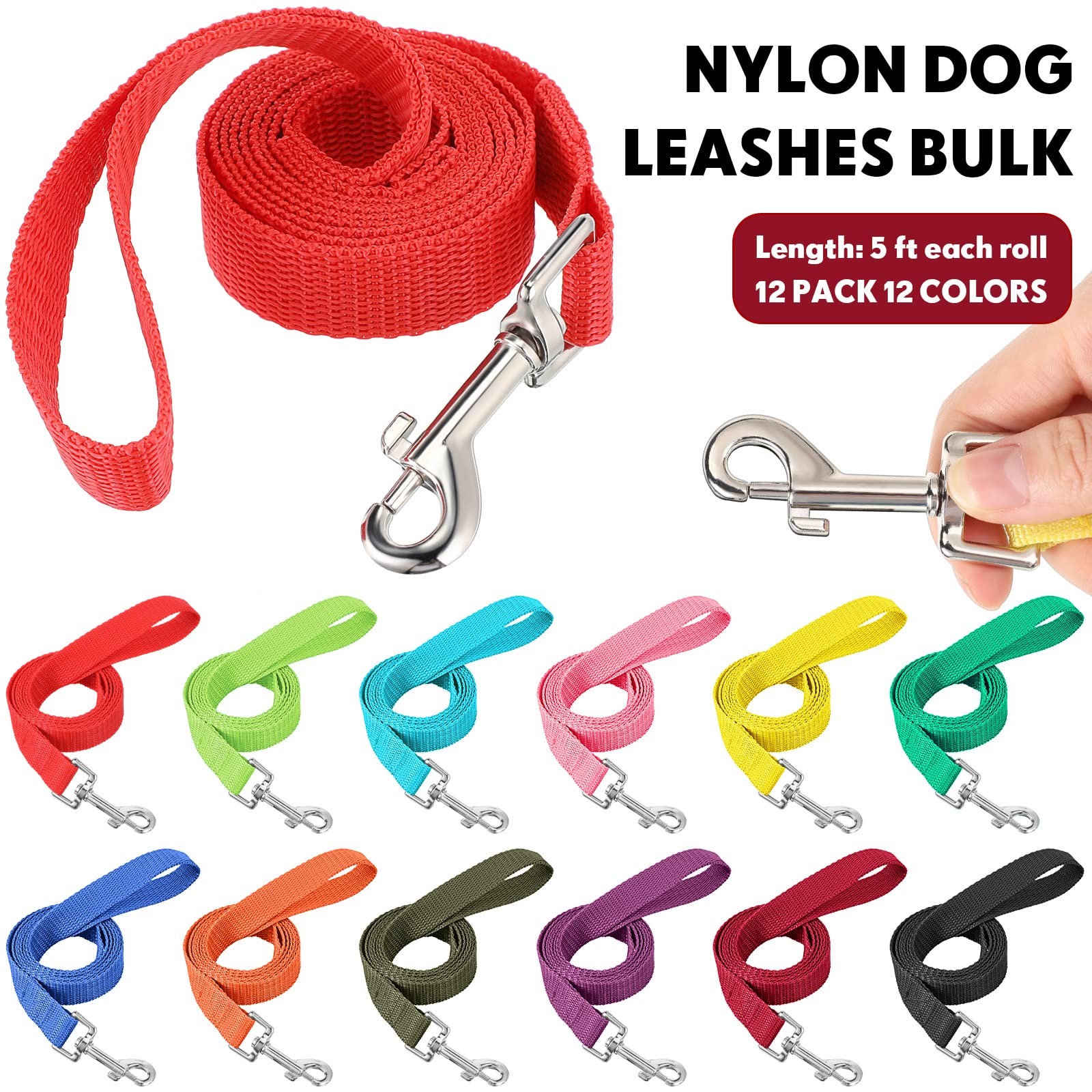 12 Pcs Nylon Dog Leash Bulk 5Ft Dog Training Leash 12 Colors Puppy Line Traction Rope For Small Medium Puppy Training, Play, Cam