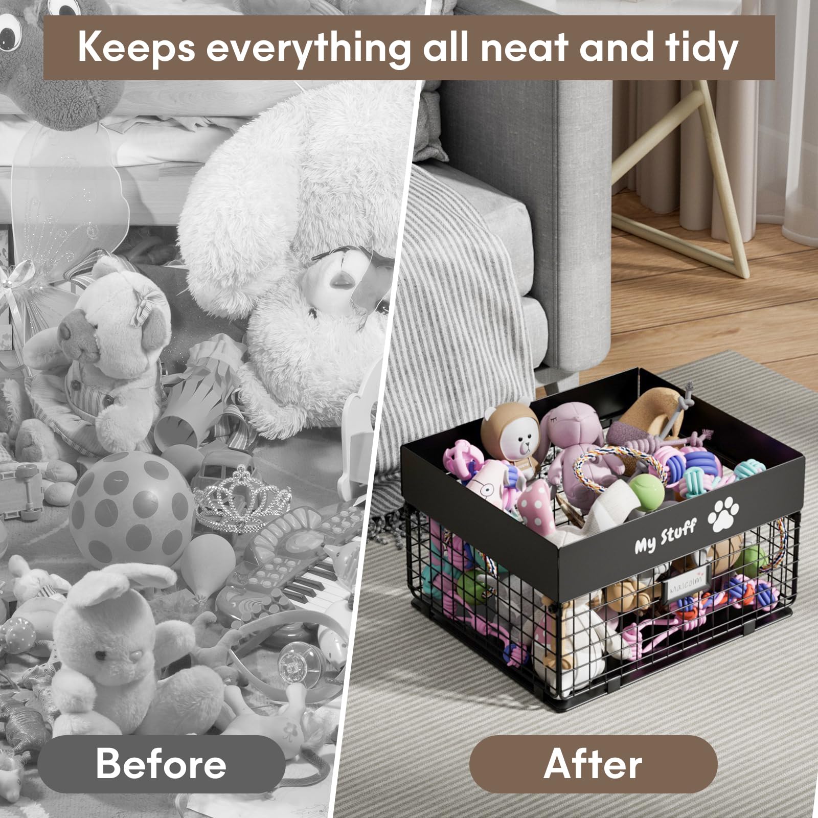 qeerable Dog Toy Basket - Metal Large Dog Toy Box for Small Dog - Dog Toy Storage Bin for Pet - Personalized Large Dog Toy Baske