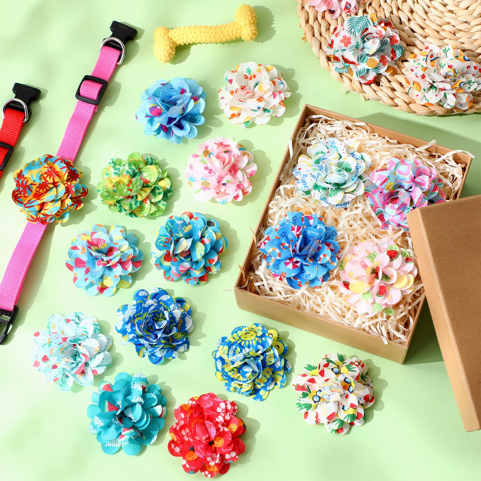 Huhumy 50 Pcs Summer Flowers for Dog Collars Bulk Hawaiian Dog Flower Collar Accessory Pet Bow Ties for Puppy Cat Grooming Charm