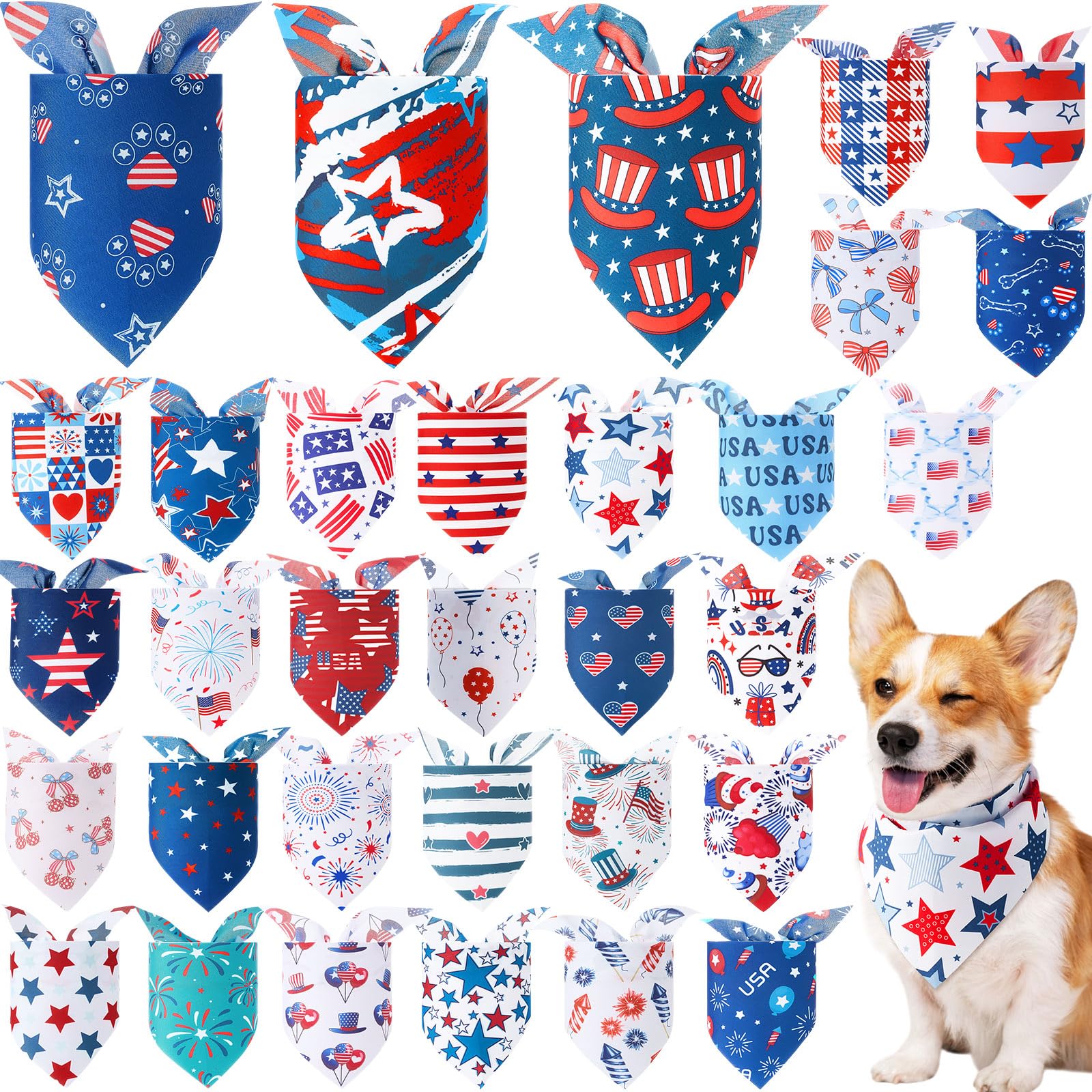 32 Pcs Patriotic Dog Bandanas Red White and Blue 4th of July Dog Bandanas American Flag Pet Scarf Triangle USA Bibs Independence