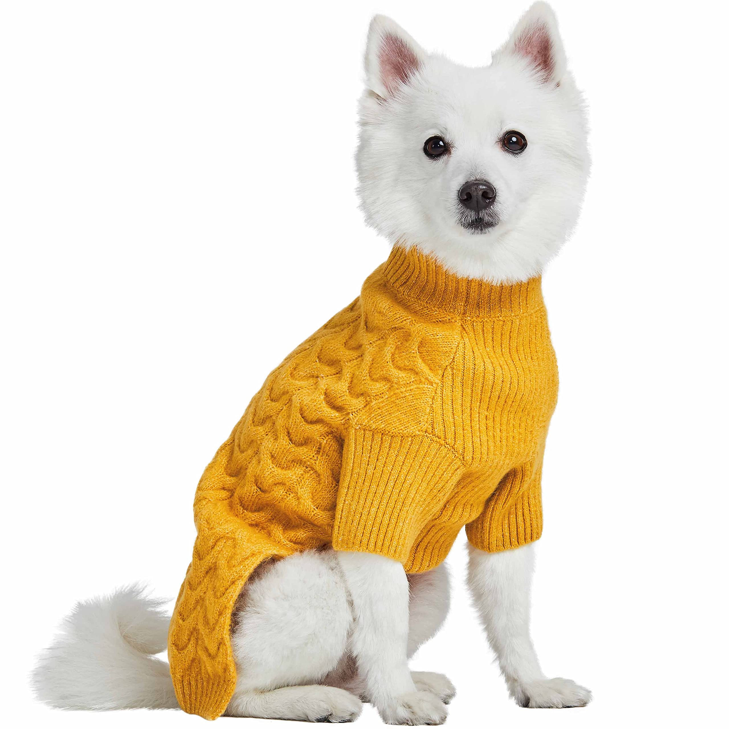 Blueberry Pet Classic Fuzzy Textured Knit Pullover Turtle-Neck Dog Sweater In Mustard Yellow, Back Length 22', Pack Of 1 Clothes For Dogs