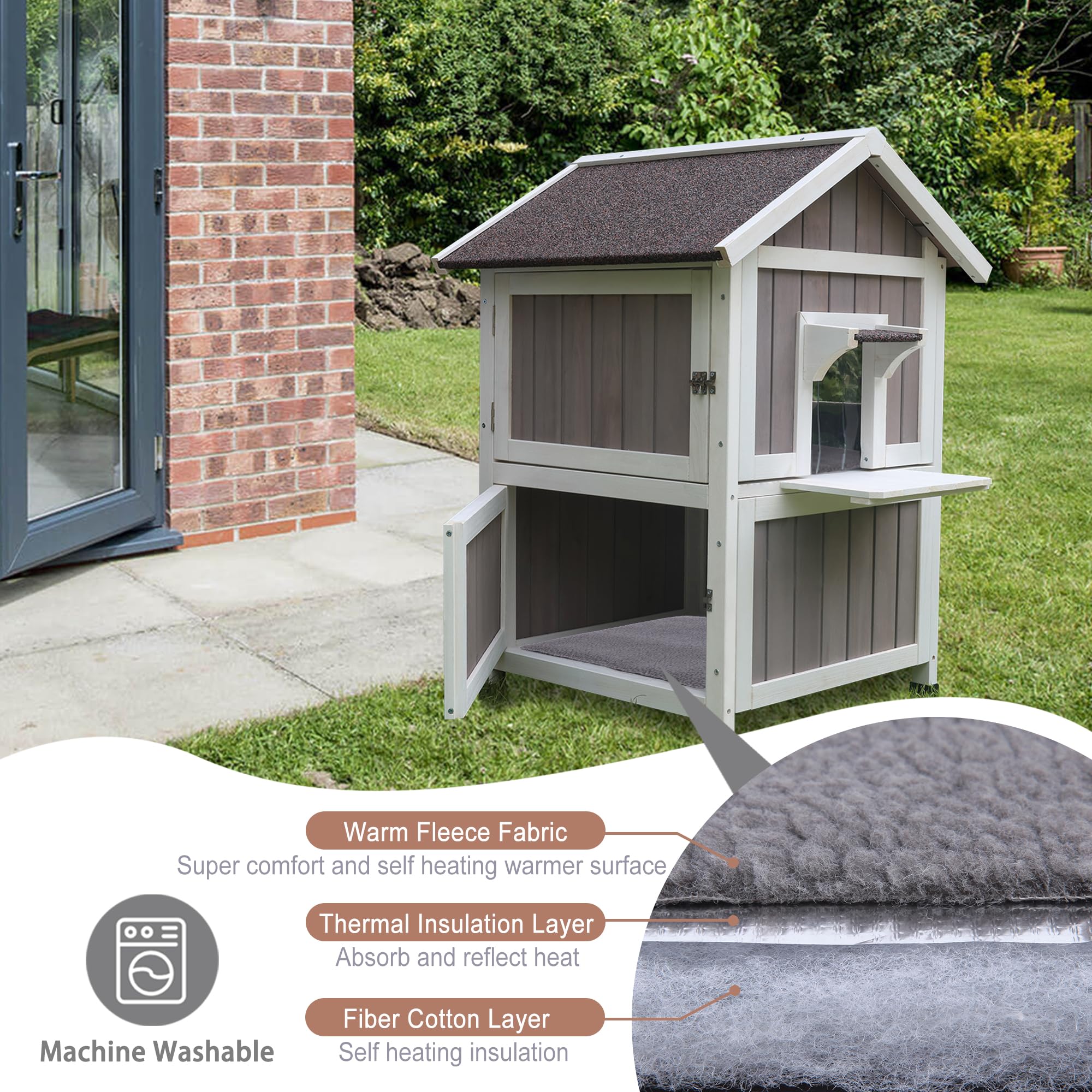 Hicaptain Outdoor Cat House For Outdoor Cats, Large Outside Weatherproof Feral Cat Shelter Fot Multiple Cats, Unique Wooden Cat