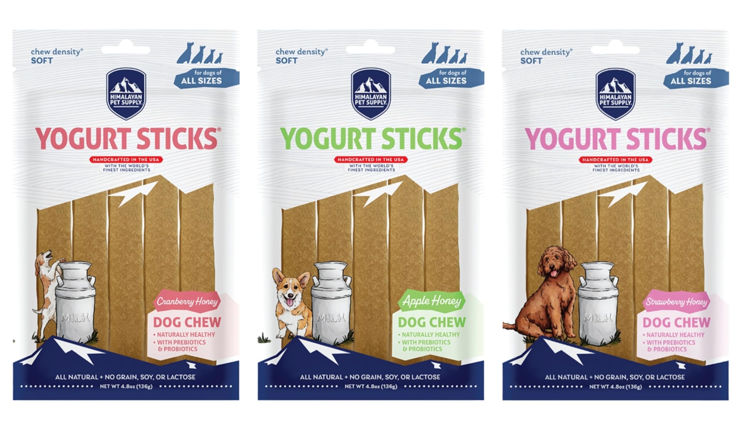 Himalayan Pet Supply Yogurt Sticks Dog Treats in 3 Flavors with Honey: 1 Strawberry, 1 Cranberry & 1 Apple Flavor (3 Bags Total,