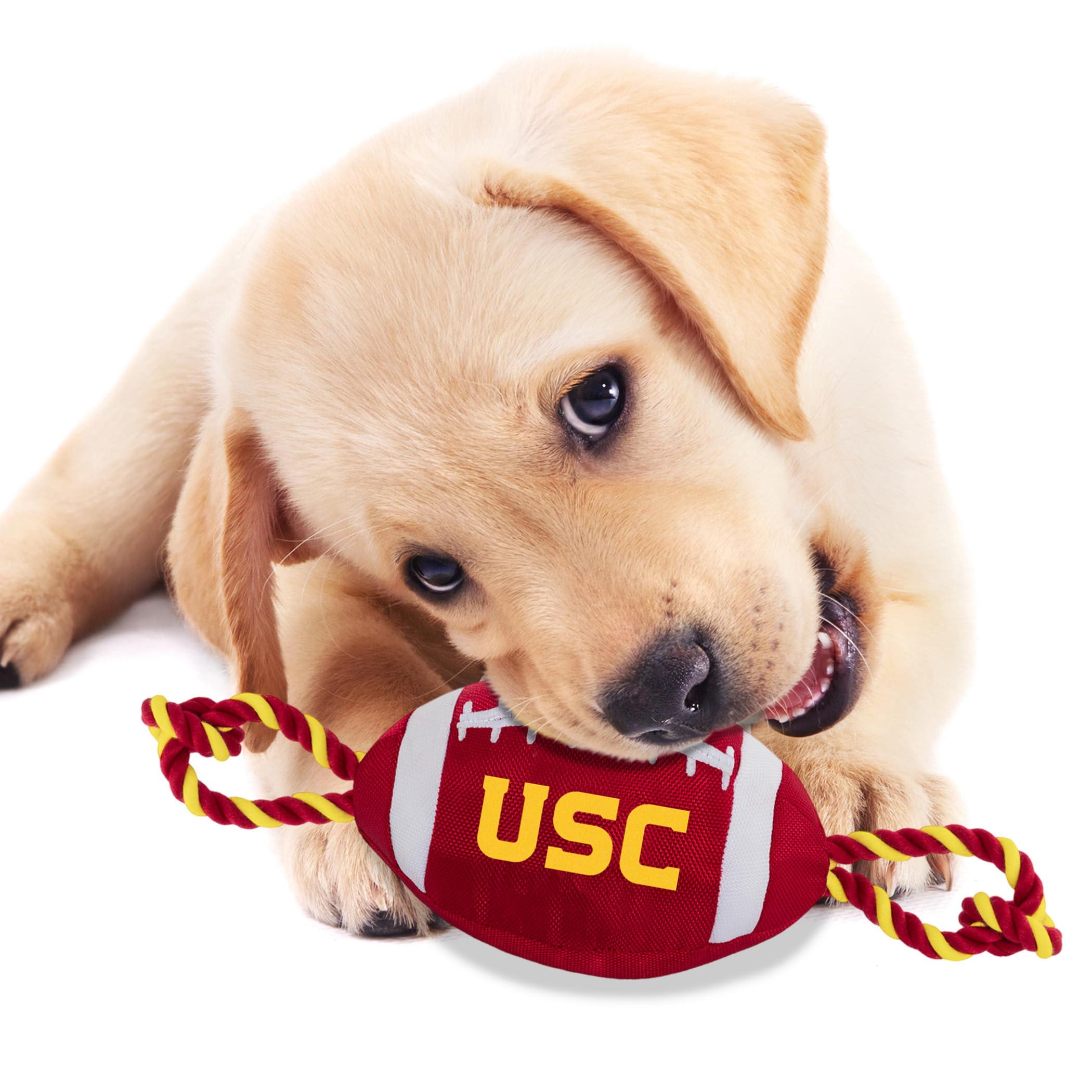 Pets First USC Football Dog Toy, Tough Quality Nylon Materials, Strong Pull Ropes, Inner Squeaker, Collegiate Team Color