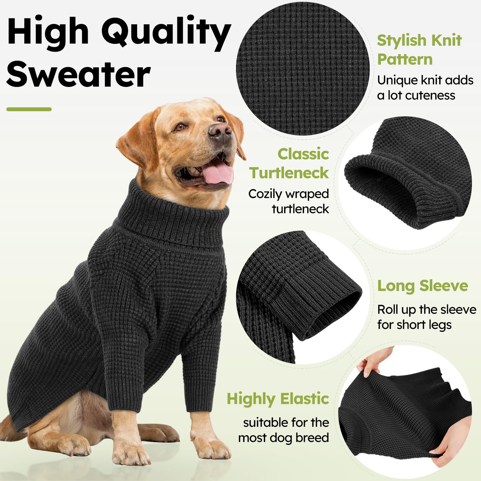 Queenmore Dog Turtleneck Long Sleeve Knitted Pet Sweater With Check Pattern - Fall Winter Warm Dog & Cat Sweater, Charcoal Gray