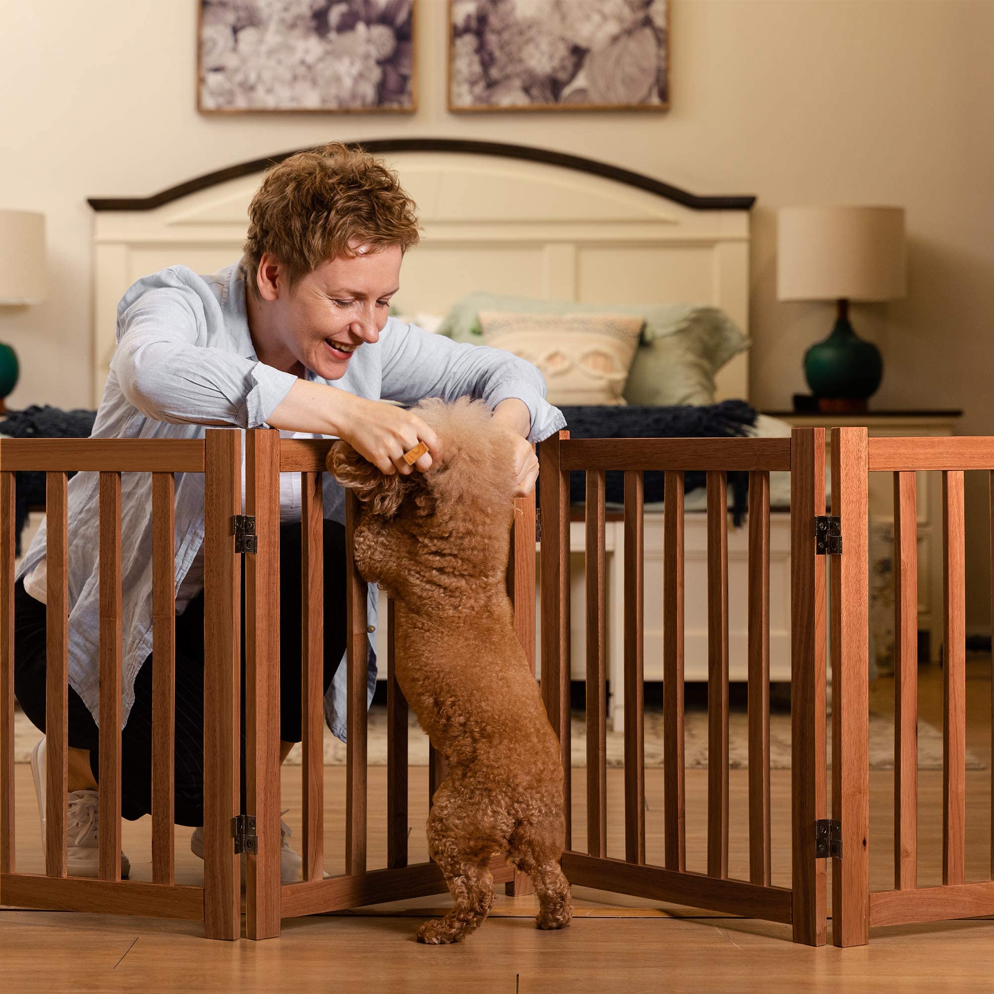 Lzrs Solid Hardwood Freestanding Pet Gate,Wooden Dog Gates For Doorways,Nature Wood Dog Gates For The House,Dog Gate For Stairs,Freestanding Indoor Gate Safety Fence,Oak,24' Height-4 Panels