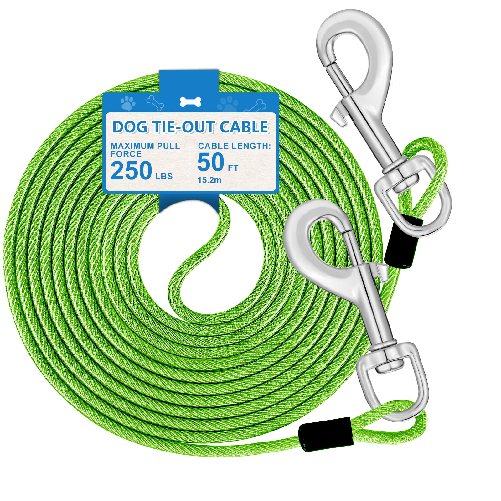50Ft Dog Lead Up To 250 Pounds - Heavy Duty Dog Runner For Yard, Outdoor And Camping, Green