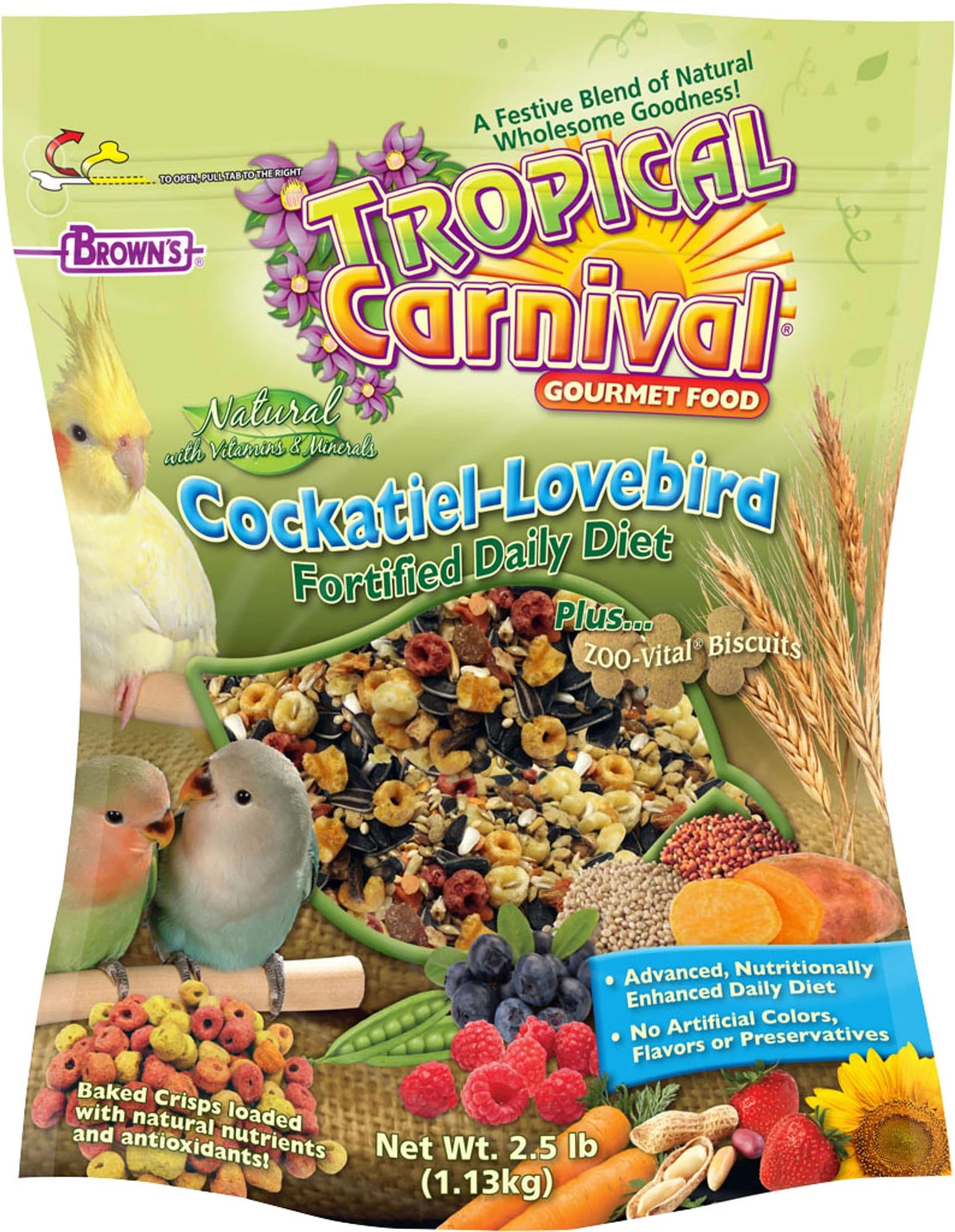 F.M. Browns Tropical Carnival Natural Cockatiel-Lovebird Food, 2.5-lb Bag - Vitamin-Nutrient Fortified Daily Diet with Natural 
