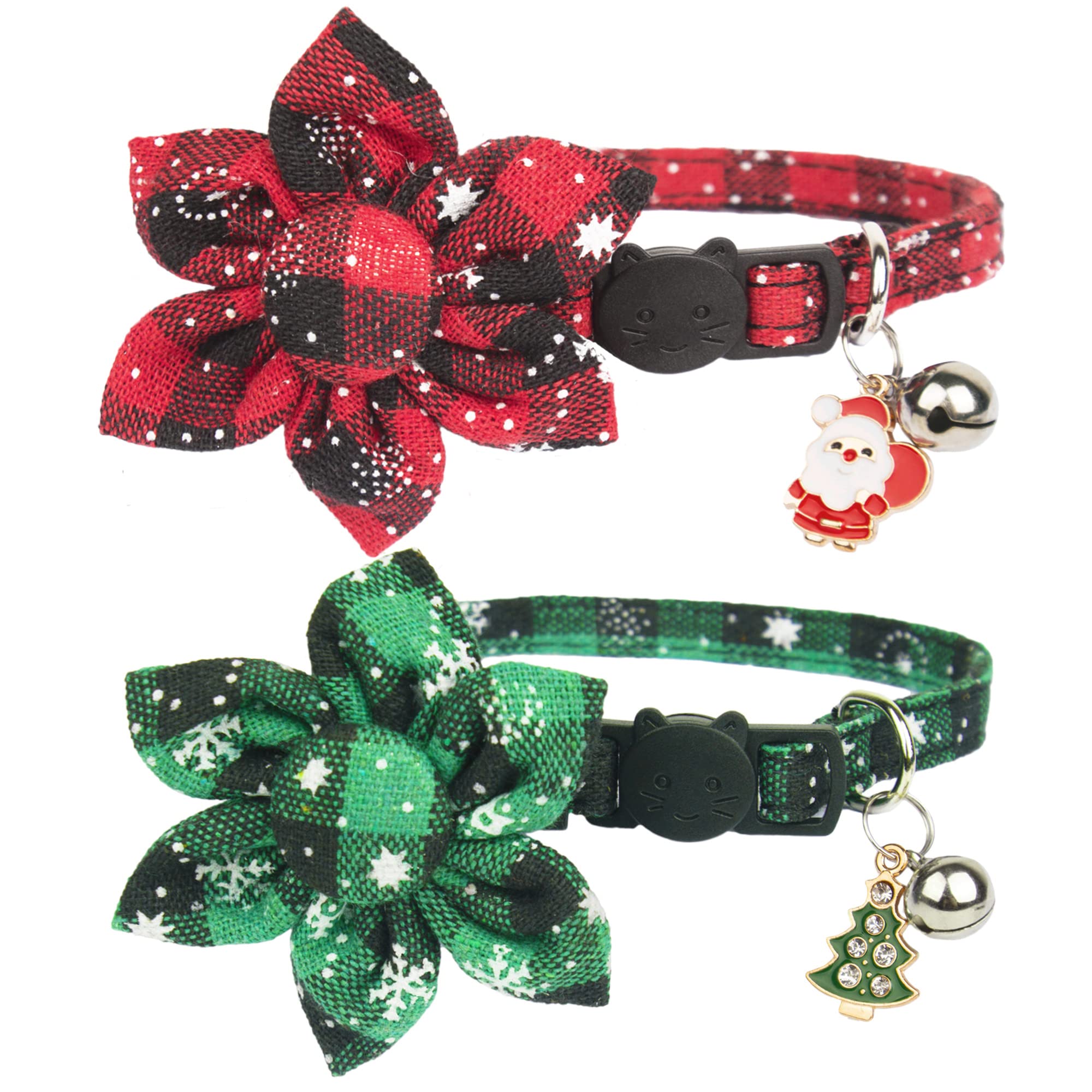 Adoggygo Christmas Cat Collars With Flower Bell, 2 Pack Breakaway Cat Christmas Collar With Removable Floral, Red Green Plaid Flower Collars For Cats (7.5'- 10.5', Floral)