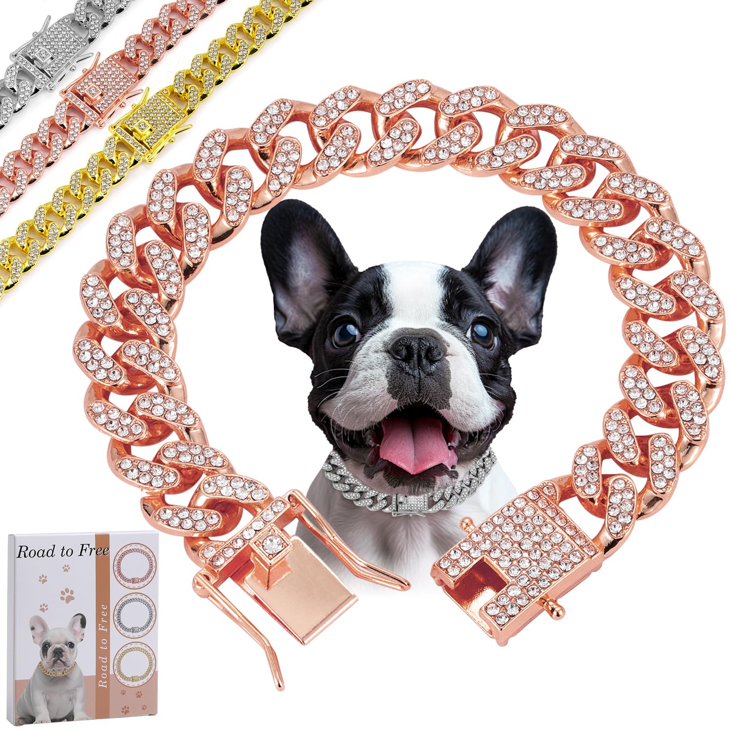 Rosegold Dog Chain Diamond Collar Walking Metal Chain Collar With Secure Buckle, Pet Cuban Style Collar Jewelry Accessories For 