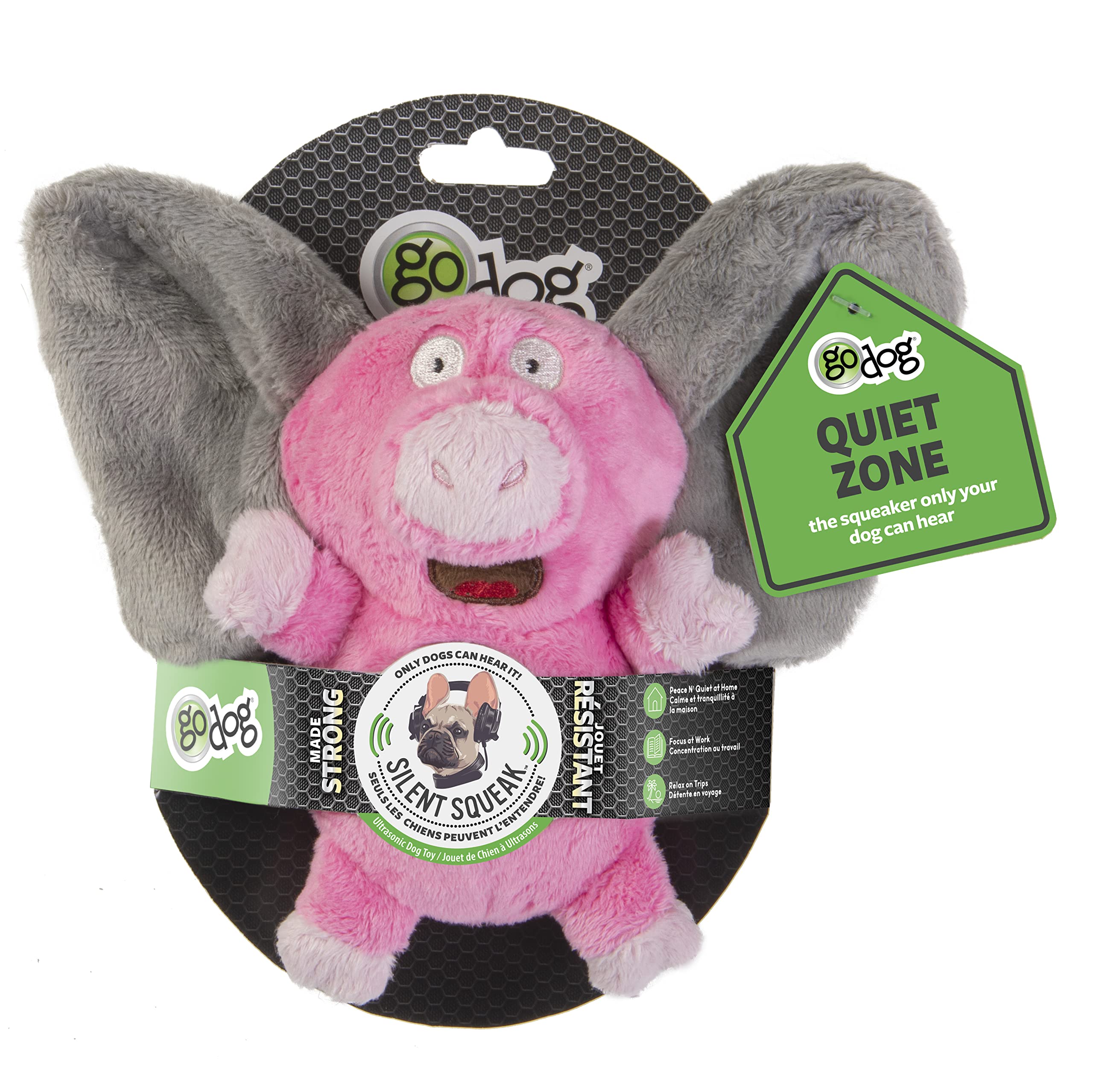 goDog Flips Pig-Elephant Plush Dog Toy - Silent Squeak, Chew Guard Technology, Small, Pink, Model 58535
