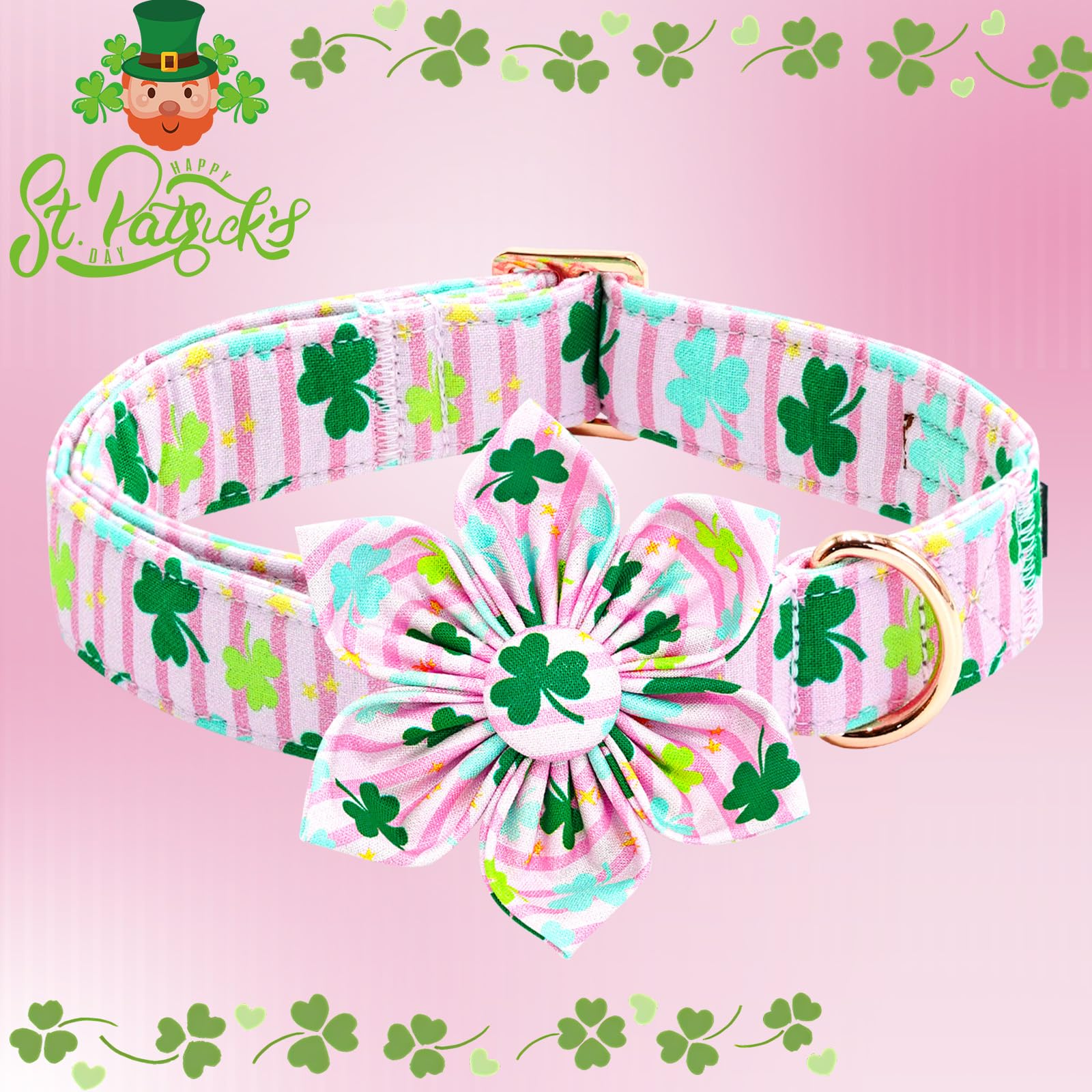 Lionheart Glory St. Patrick'S Day Collar With Flower-Lucky Clover Shamrock Dog Bow - Pink Spring Trefoil Flowers - Adjustable He