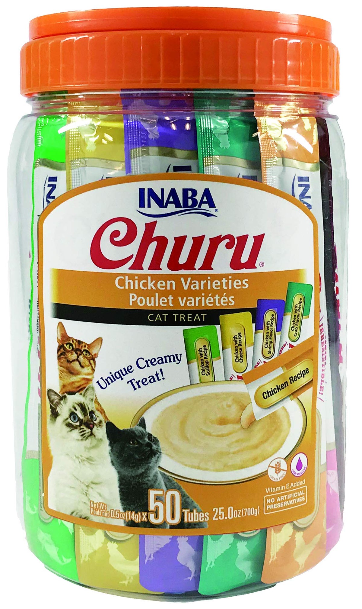 Inaba Churu Cat Treats, Grain-Free, Lickable, Squeezable Creamy Purée Cat Treat/Topper With Vitamin E & Taurine, 0.5 Ounces Each Tube, 50 Tubes, Chicken Variety