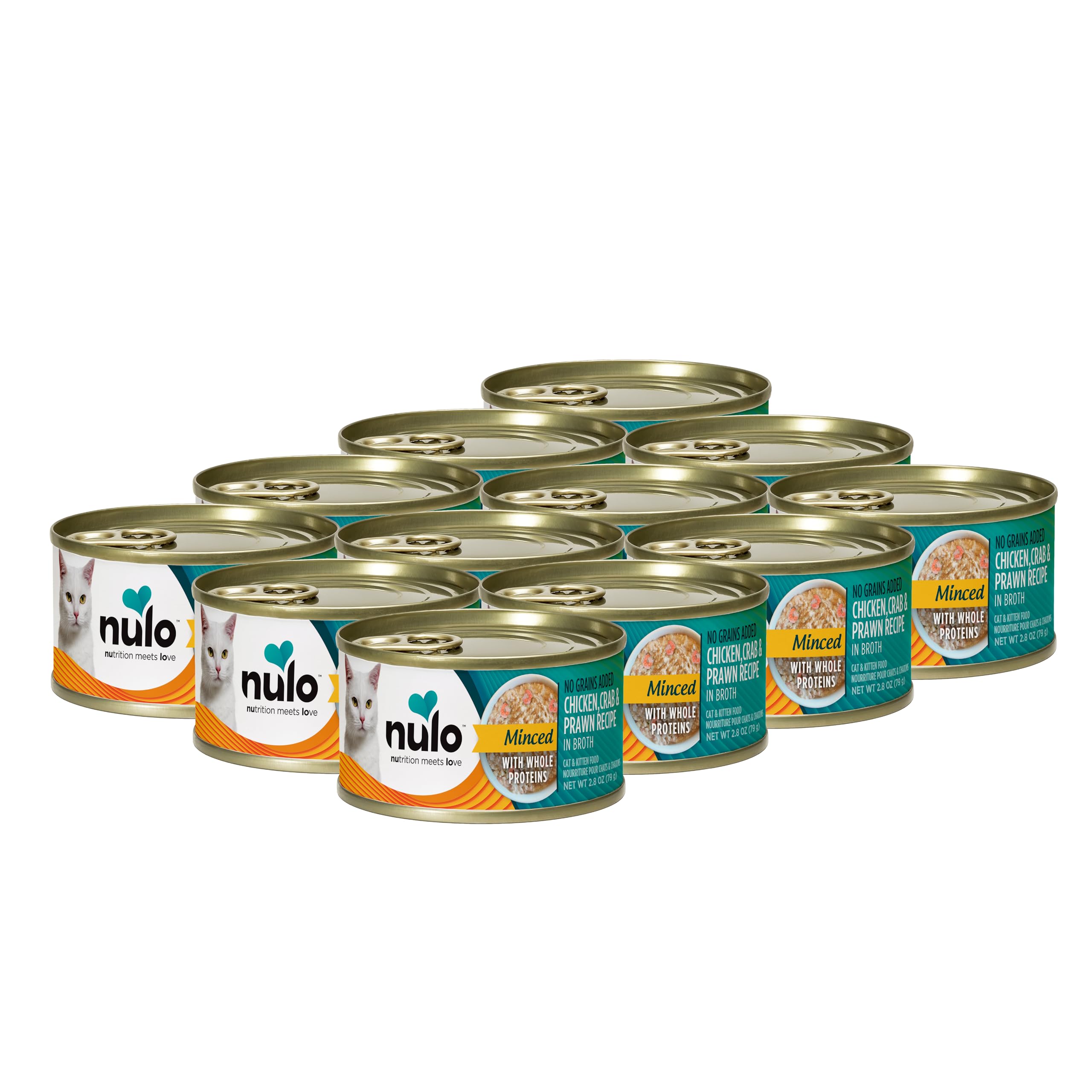 Nulo Grain-Free Minced with Whole Proteins Wet Canned Cat and Kitten Food, Chicken, Crab, and Prawn in Broth, 2.8 Ounce, 12 Cans