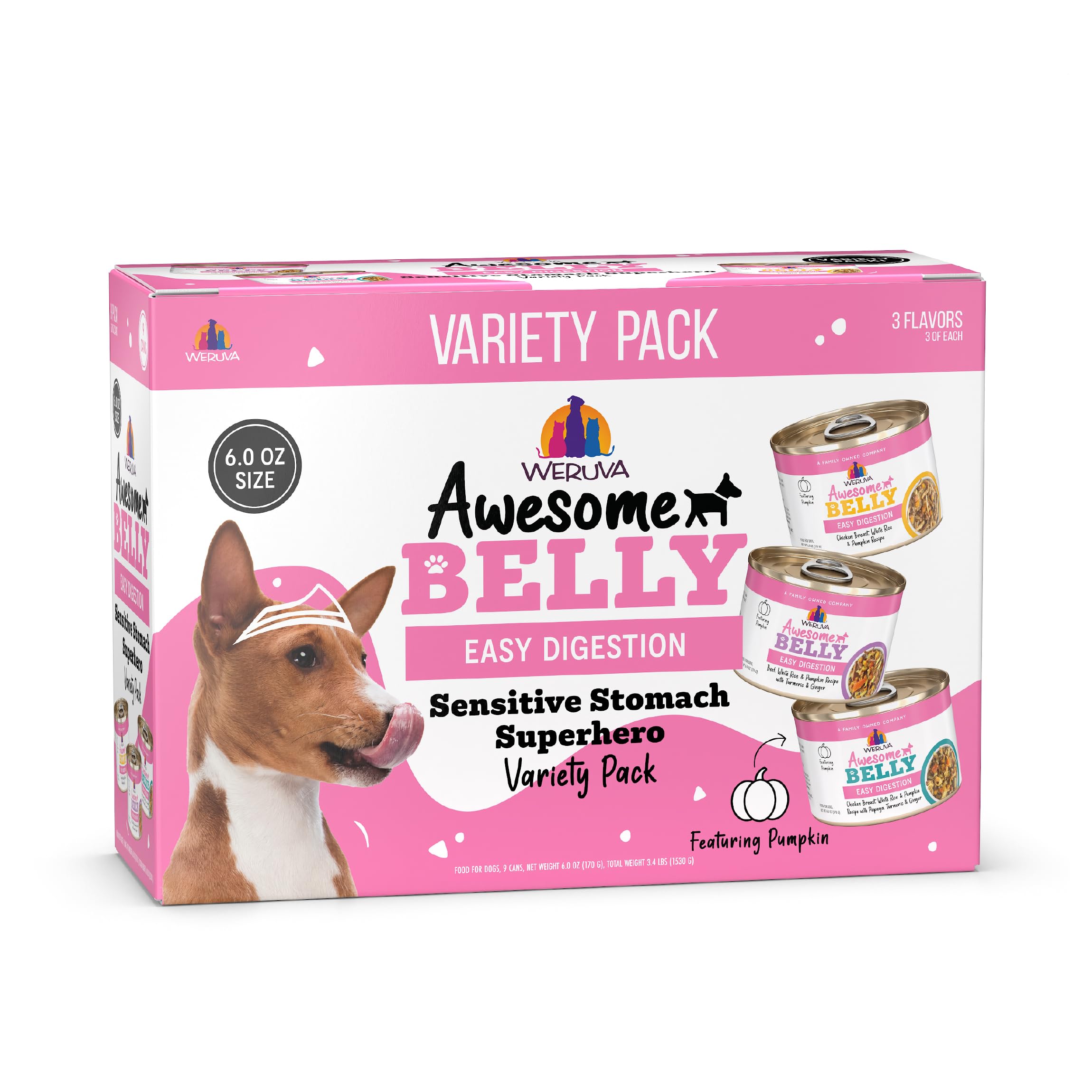 Weruva Awesome Belly Wet Dog Food, Sensitive Stomach Superhero Variety Pack, 6oz Can (Pack of 9)
