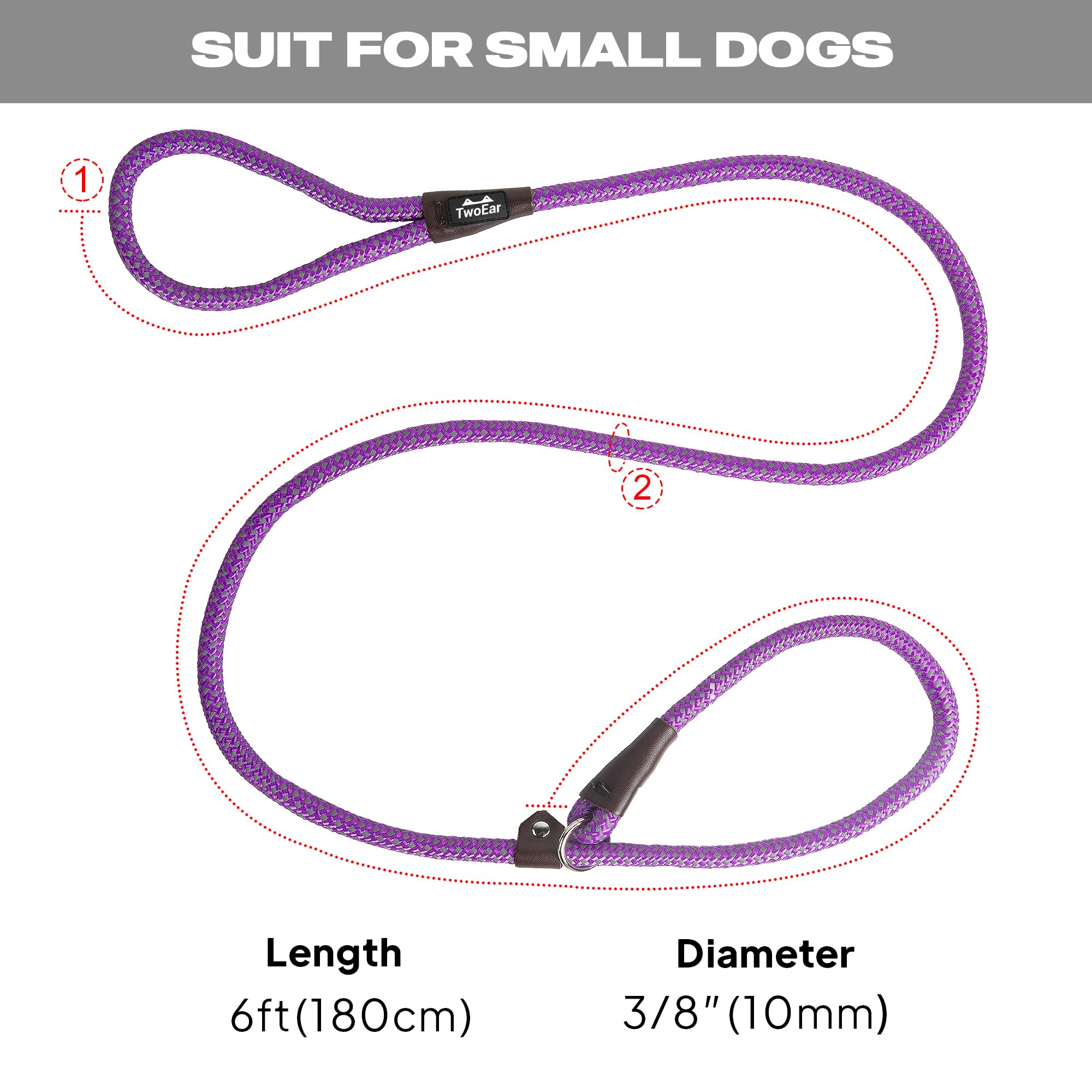 Twoear Dog Leash Dog Slip Rope Leash 6Ft Dog Training Leash Heavy Duty Strong Slip Lead Highly Reflective Threads For Small Medium And Large Dogs (Slim(3/8''X6Ft), Purple)