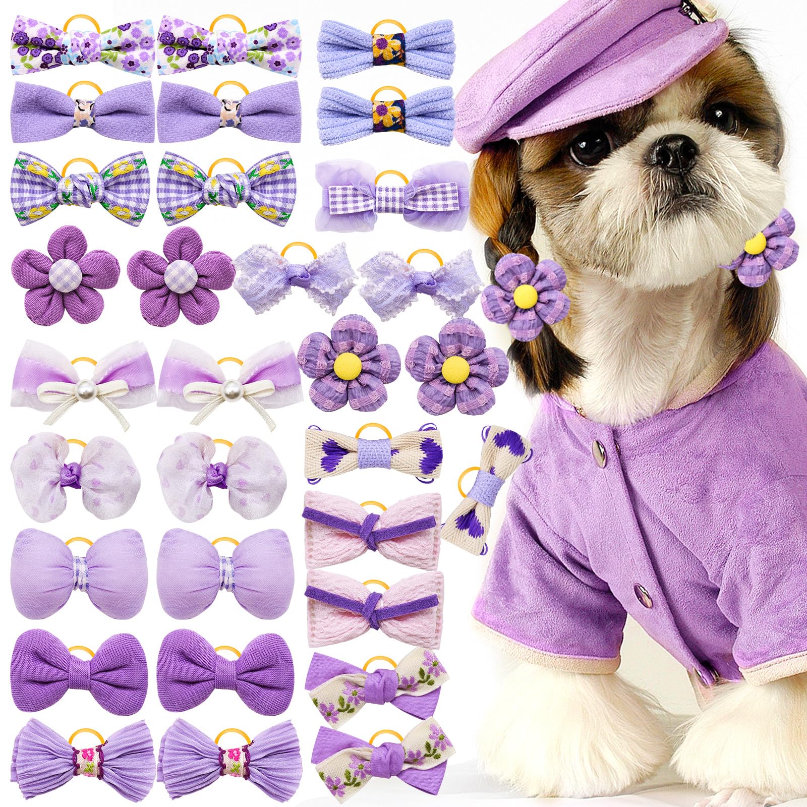 Mruq Pet 20Pc Purple Small Dog Hair Bows With Rubber Bands, Bulk Puppy Dog Hair Bows, Mix Handmade Cute Dog Gooming Flower Ball 