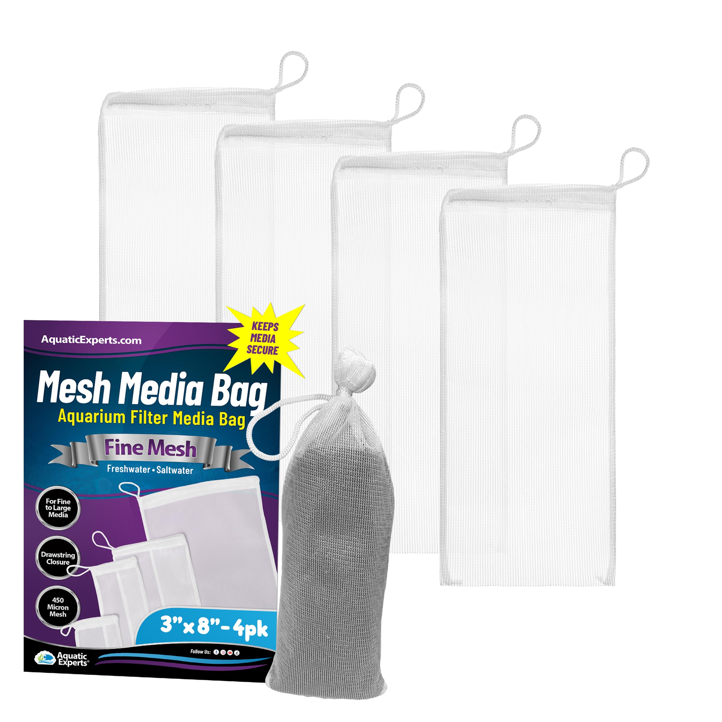 Aquatic Experts Fine Aquarium Media Bag, Durable Drawstring Bags For Fish Tank Filters, 450 Micron Mesh, (Fine, 3''X 8'' - 4 Pac