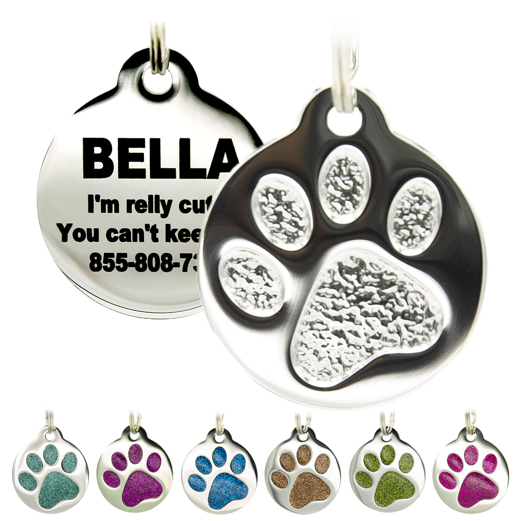 Engraved Pet Tag for Dogs & Cats - Personalized with 4 Lines of Custom Engraved ID, Round Paw Print Stainless Steel Enameled in 