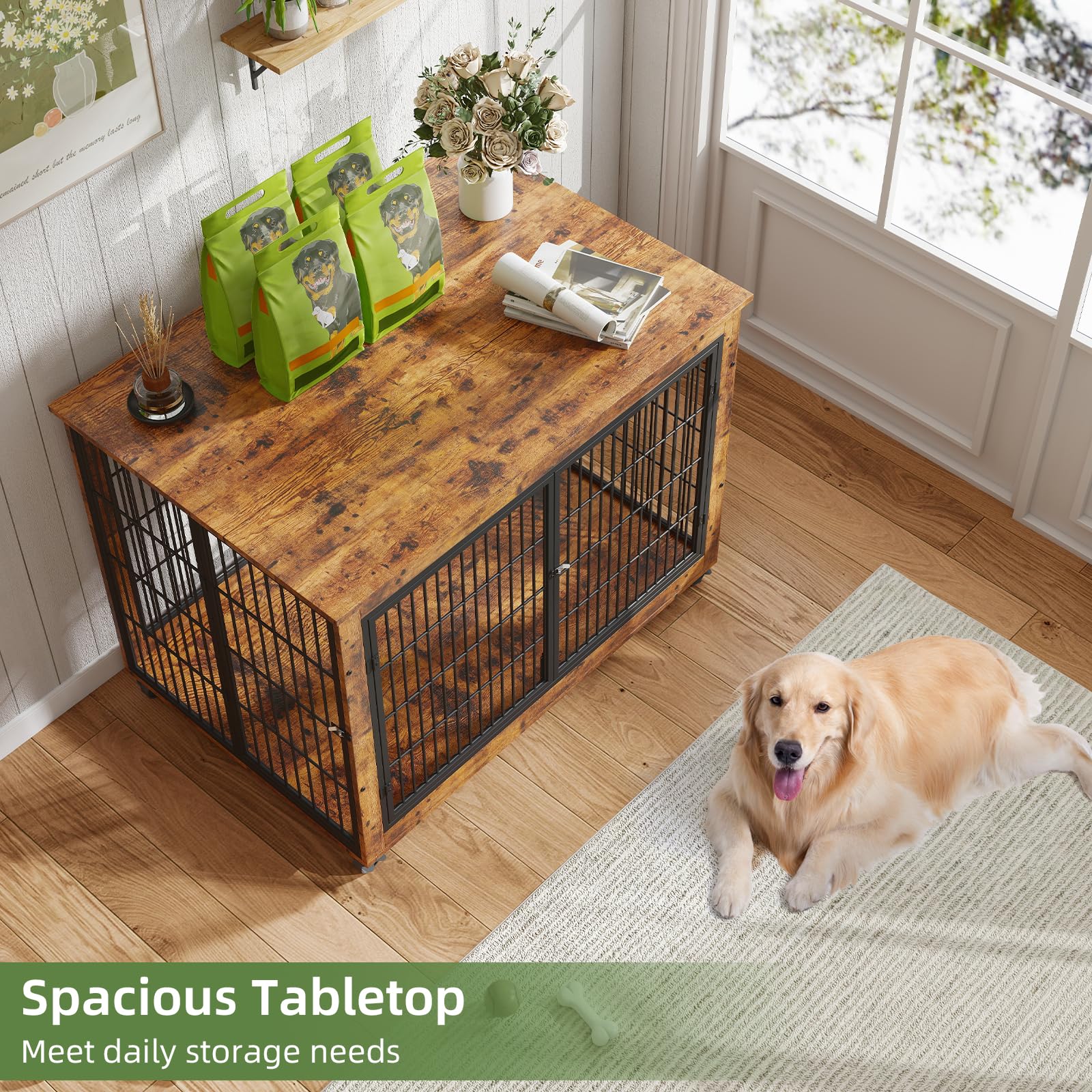 Yafylly 43 Movable Extra Large Dog Crate, Wooden Furniture Dog Crate with Top Access for Teasing/Feeding, 4 Rotating Wheels, Hea