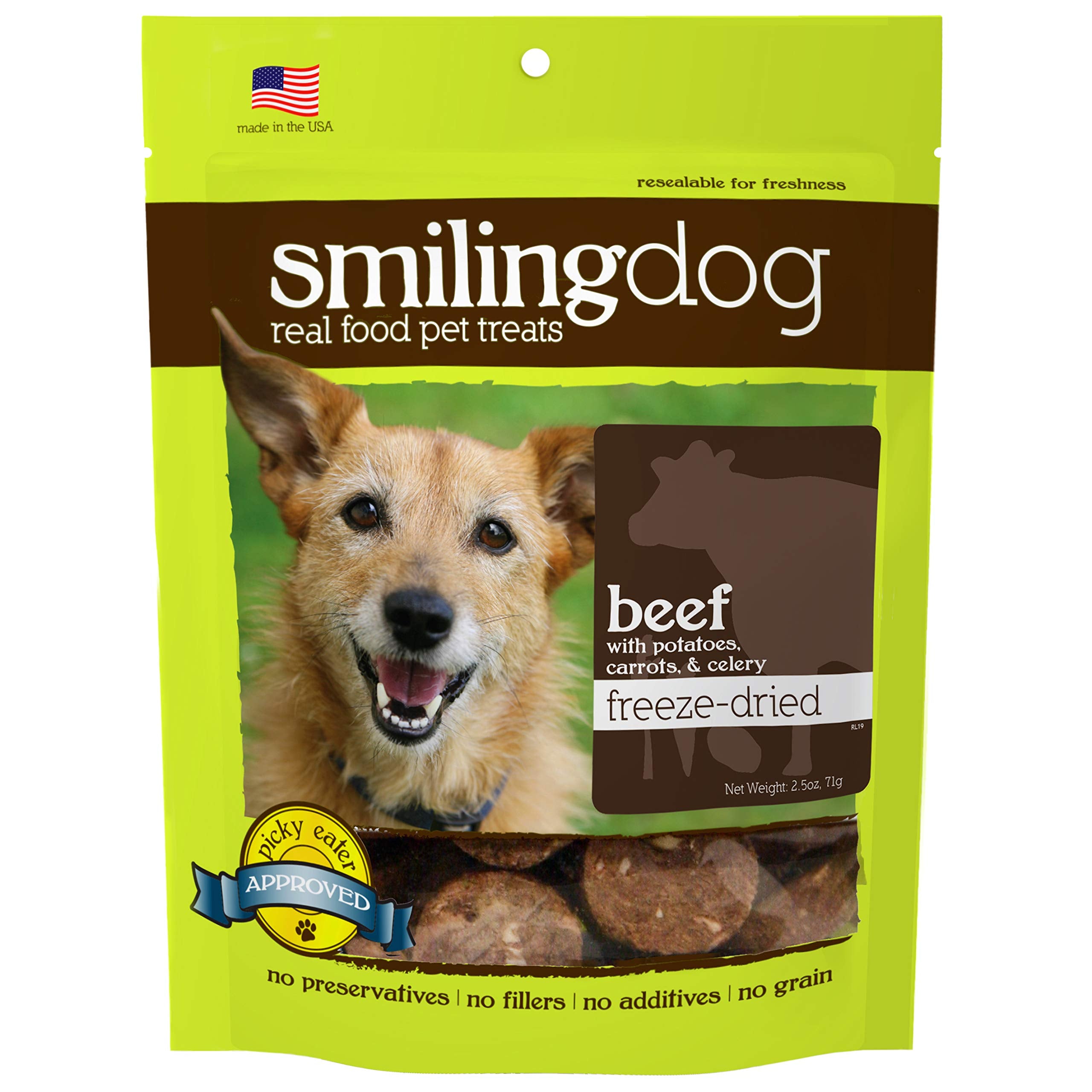Herbsmith Smiling Dog Treats - Freeze Dried Raw Beef, Potatoes, Carrots & Celery - Thats 100% it - 2.5 Ounce