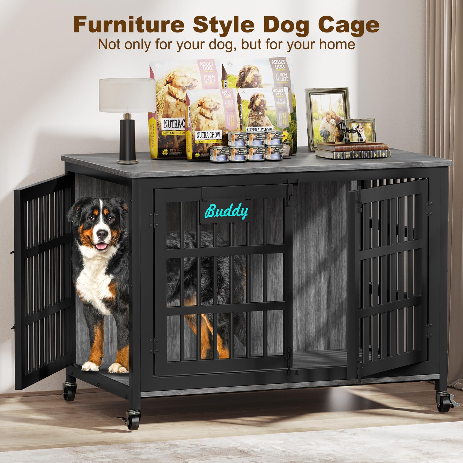 EasyCom 48/42/33 Dog Crate Furniture with Name Tag, Heavy Duty Dog Kennel Indoor for Large Dogs, Escape-Proof and Chew-Proof Dog