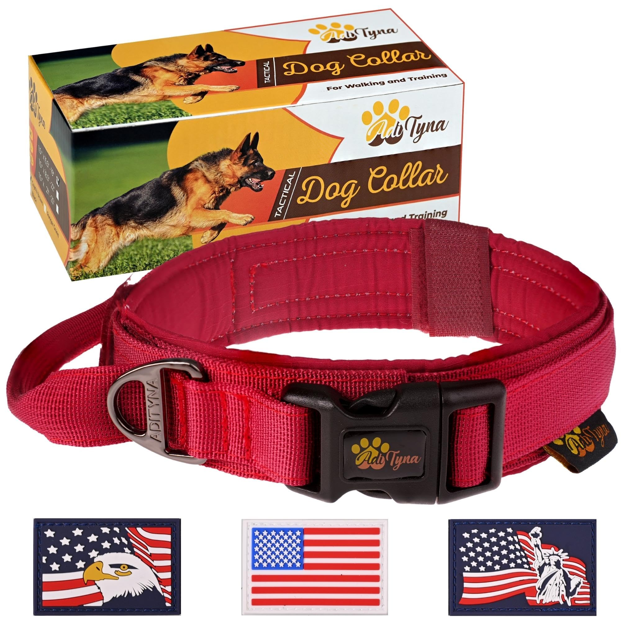 Adityna - Tactical Dog Collar For Large Dogs - Soft Padded, Heavy Duty, Adjustable Burgundy Dog Collar With Handle For Training 