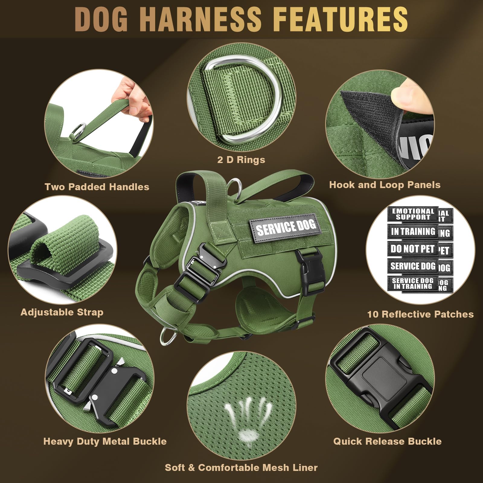 Winsee Tactical Dog Harness For Medium Dog, Heavy Duty Service Working Molle Vest With 10 Pet Patches, 2X Metal Buckle Vest For