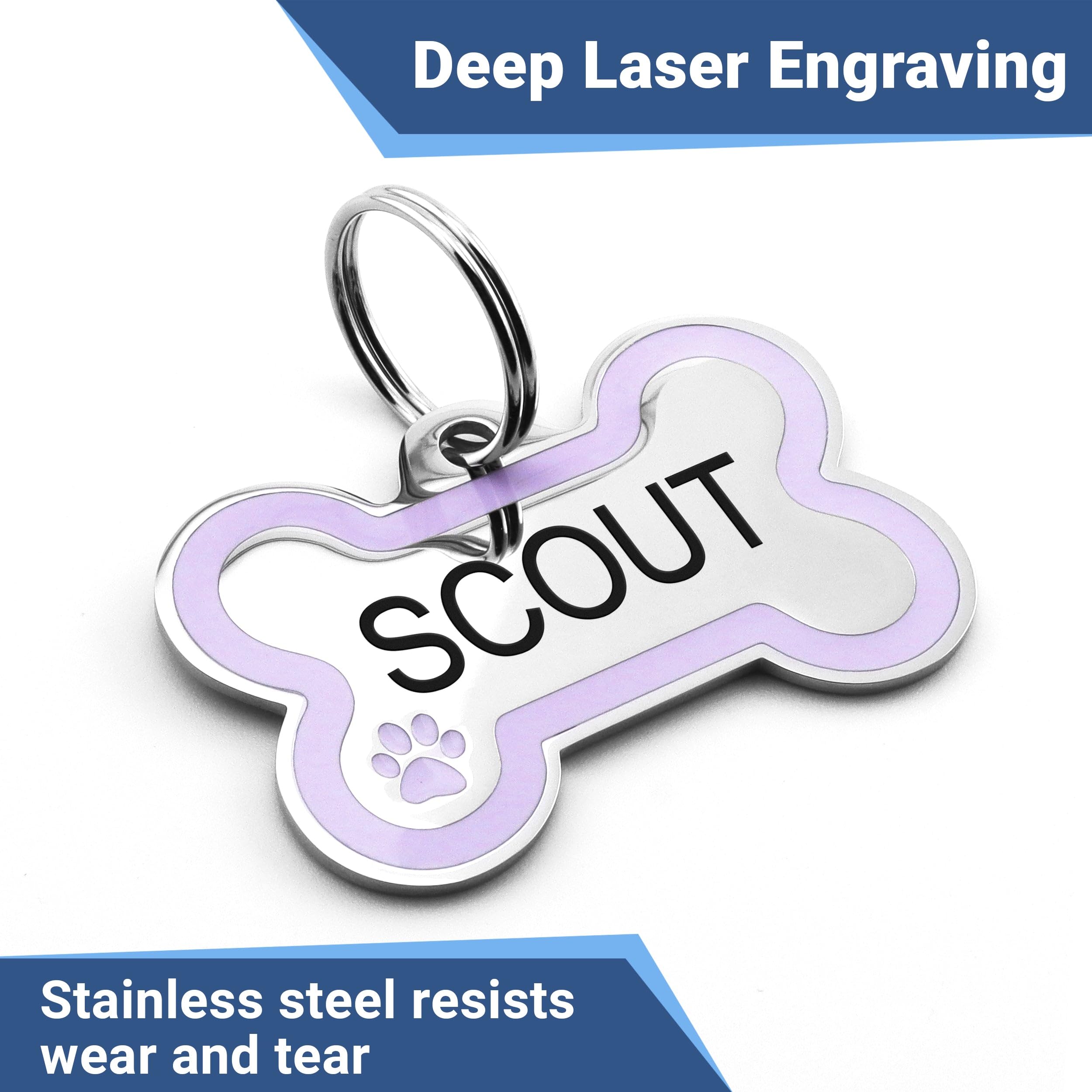 Gotags Stainless Steel Bone Dog Tag With Color Outline And Paw Print, Personalized Pet Id Tag For Dogs And Cats, Custom Engravin