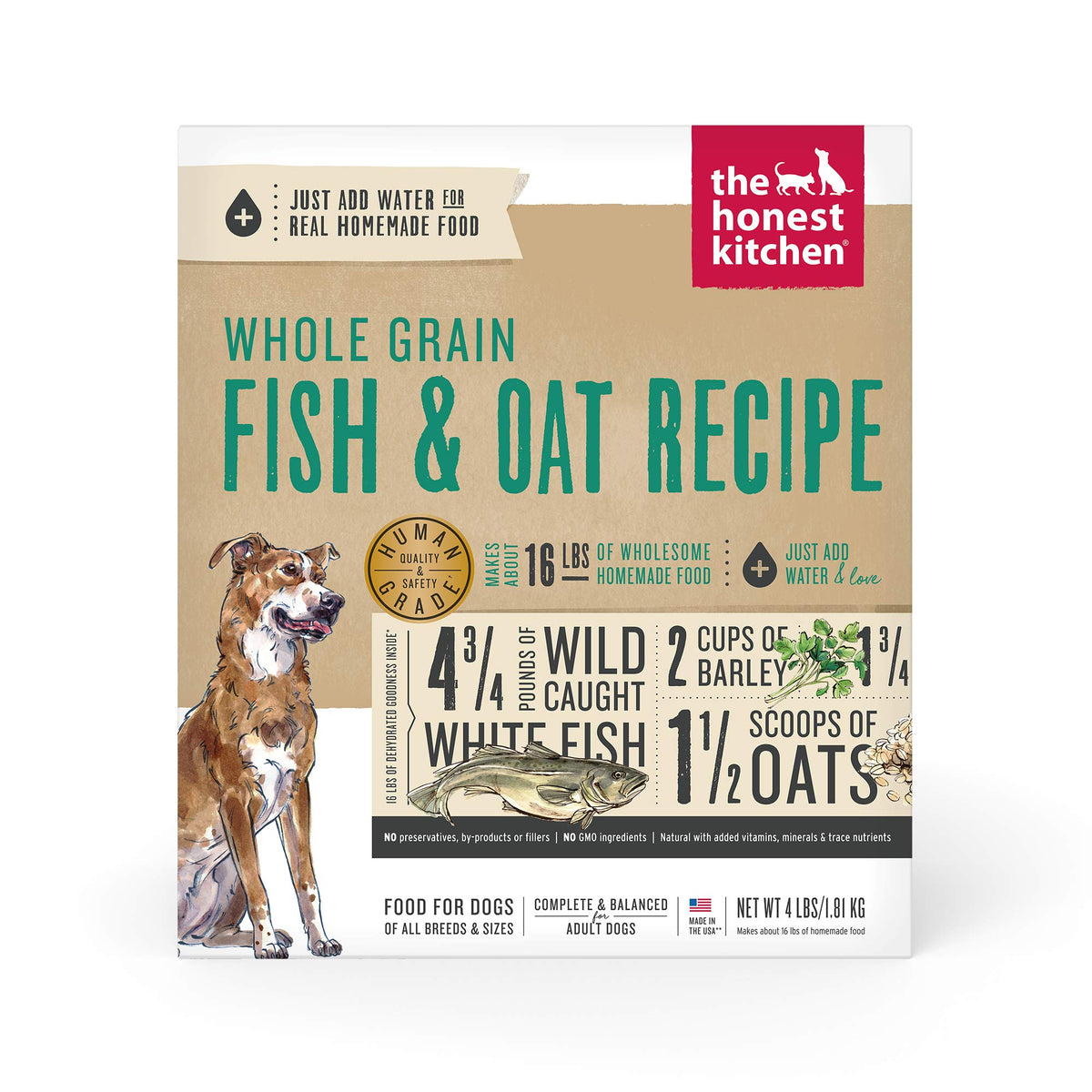The Honest Kitchen Human Grade Dehydrated Whole Grain Dog Food - Complete Meal Or Dog Food Topper - Fish 4 Lb (Makes 16 Lbs)