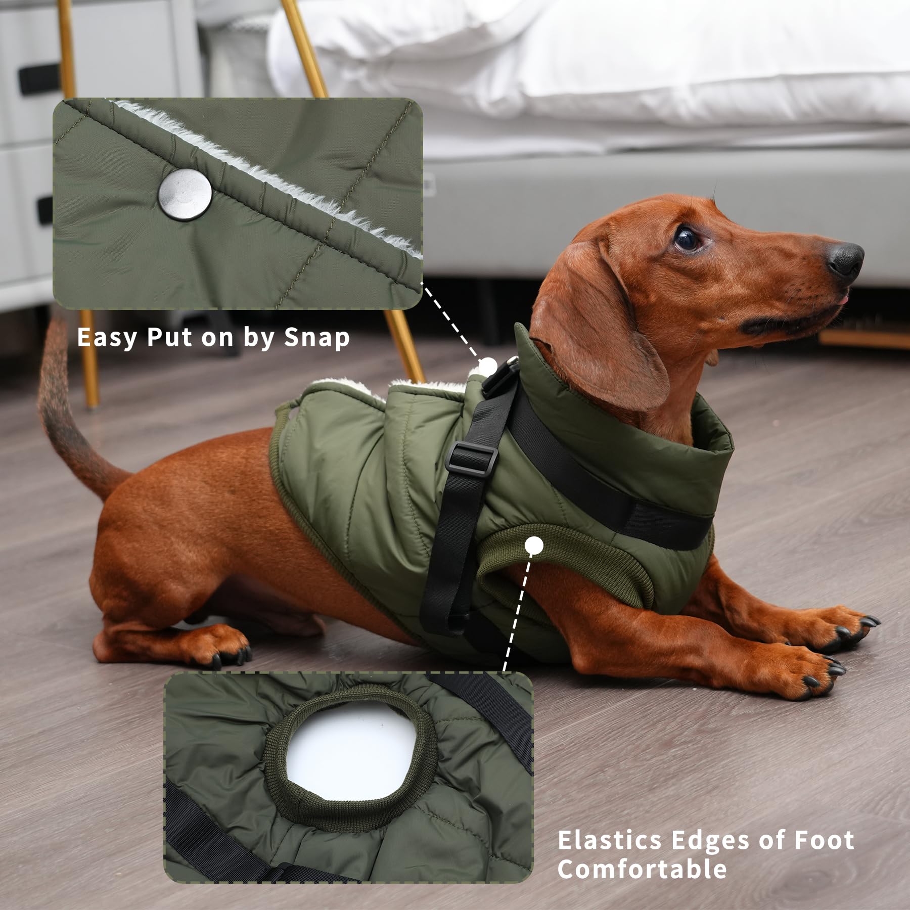 Joydaog Dog Jacket With Harness,Fleece Lined Warm Puppy Coat For Winter,Soft Windproof Small Dog Vest,Green M