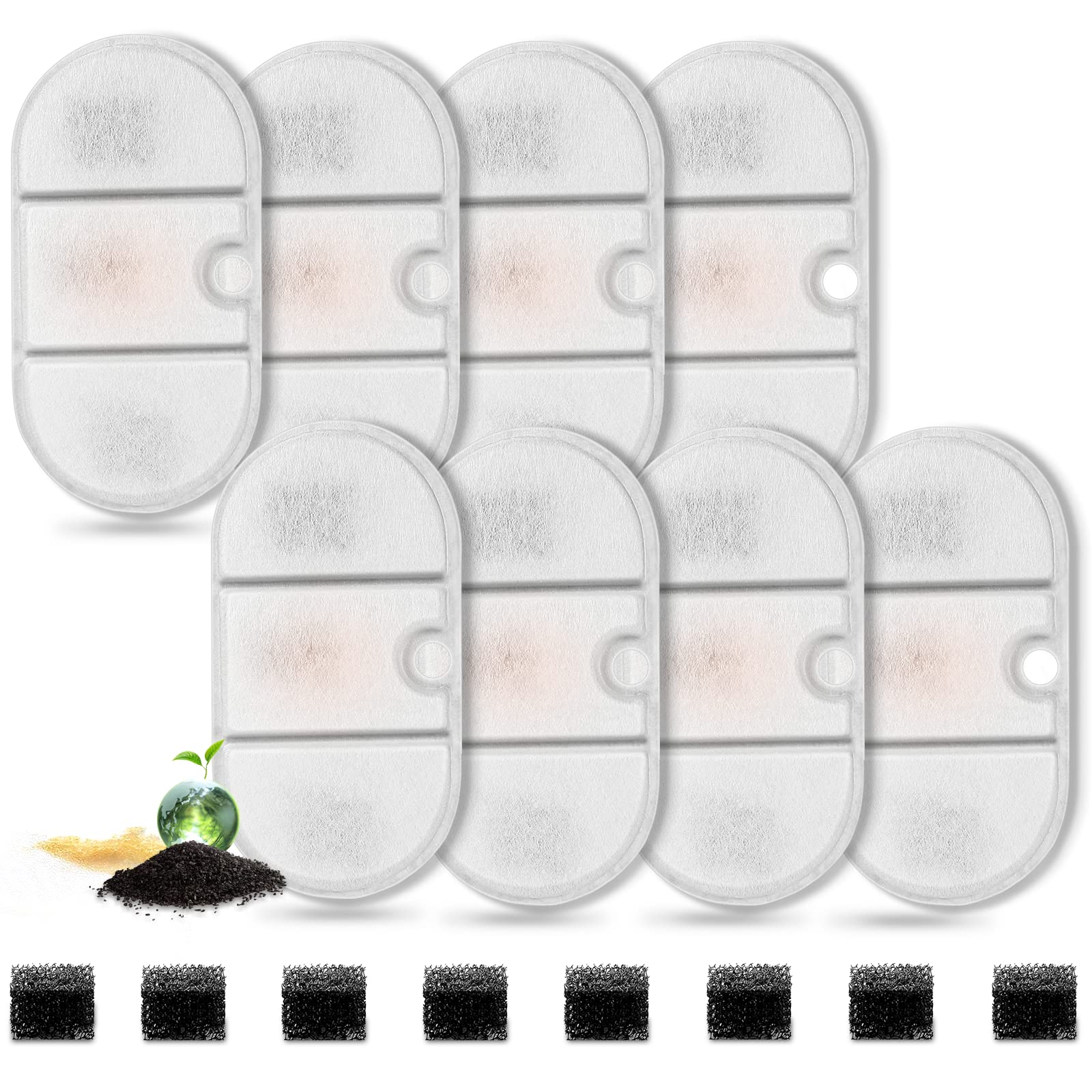 8 Pack Cat Water Fountain Filters with 8 Sponges, Pet Water Fountain Replacement Filter for 71oz/2.1L PLWF002 Capsule Cat Water 