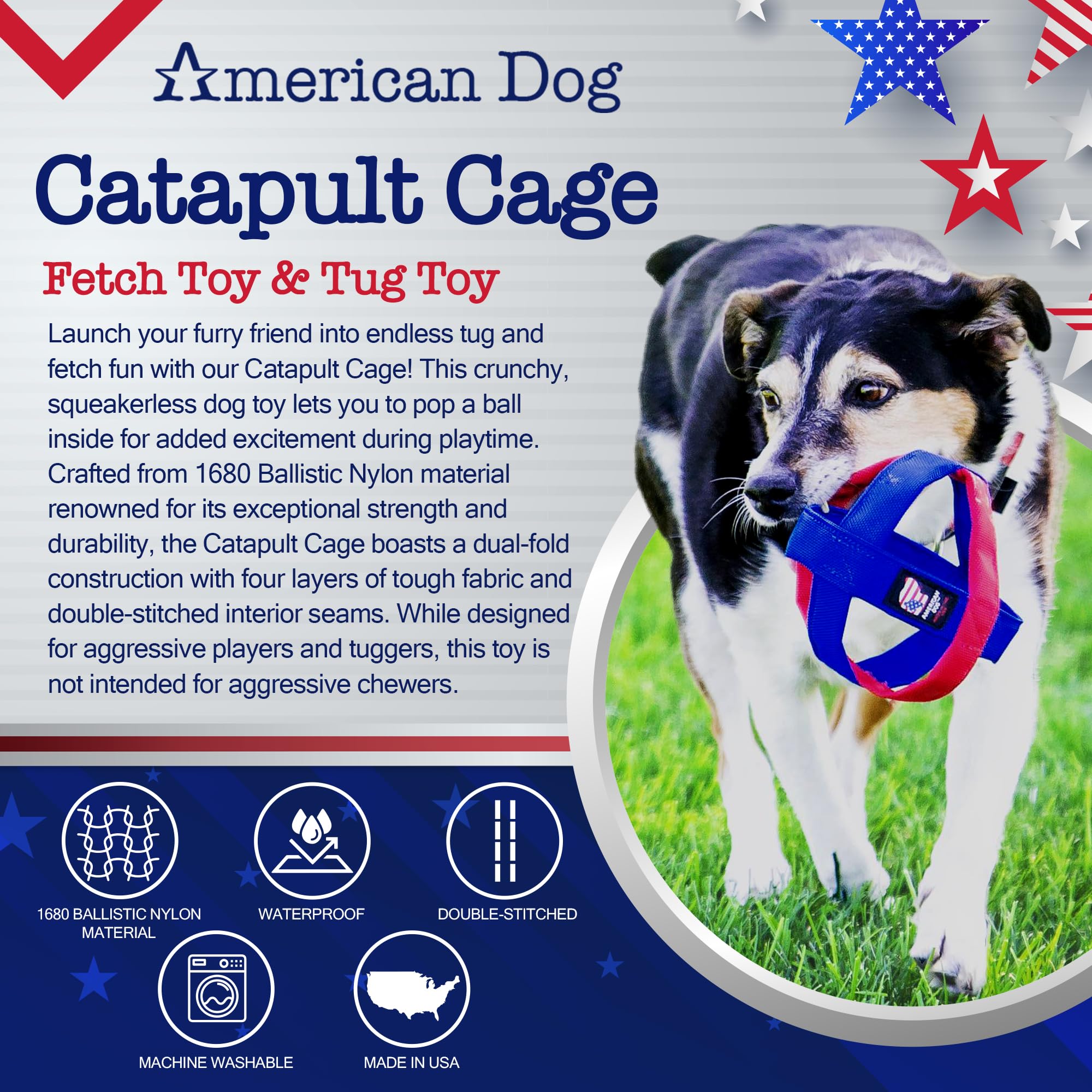 American Dog Catapult Cage - Durable Fetch & Tug Dog Toy Made In Usa From Pet-Safe, Machine-Washable 1680 Ballistic Nylon Materi