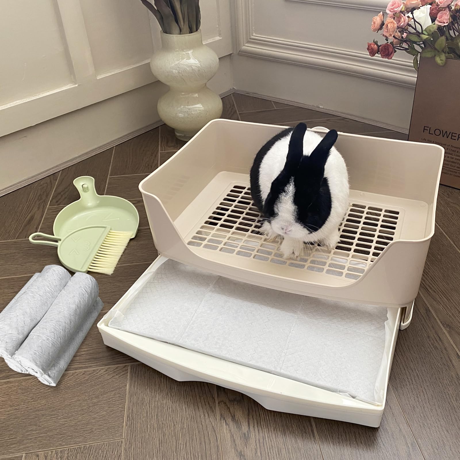 Yuoaes Large Rabbit Litter Box Bunny Potty Training Corner Litter Pan with Drawer Comes with Liners Rabbit Pee Pads, Small Anima