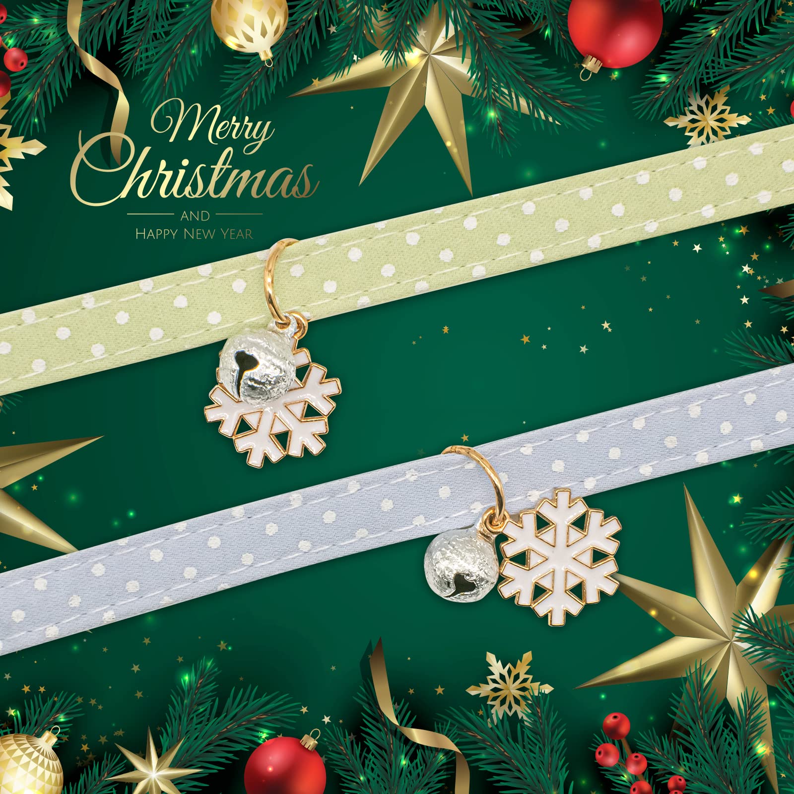2 Pack Cotton Breakaway Cat Collar With Bell,Green & Blue White Snowflake Pendant Cute Cat Collar Kitten Collar,Ideal For Girl C