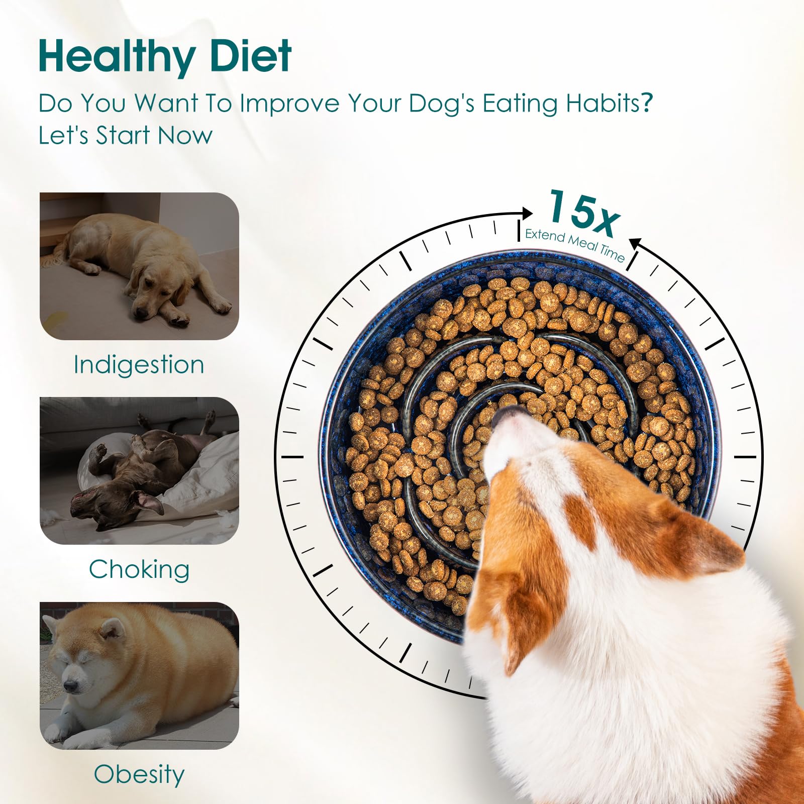 vancasso Slow Feeder Dog Bowl, 1.5 Cups, Blue Ceramic Puzzle Maze for Medium Breeds, Model VC-MSGW-HB-B-02-VIP011