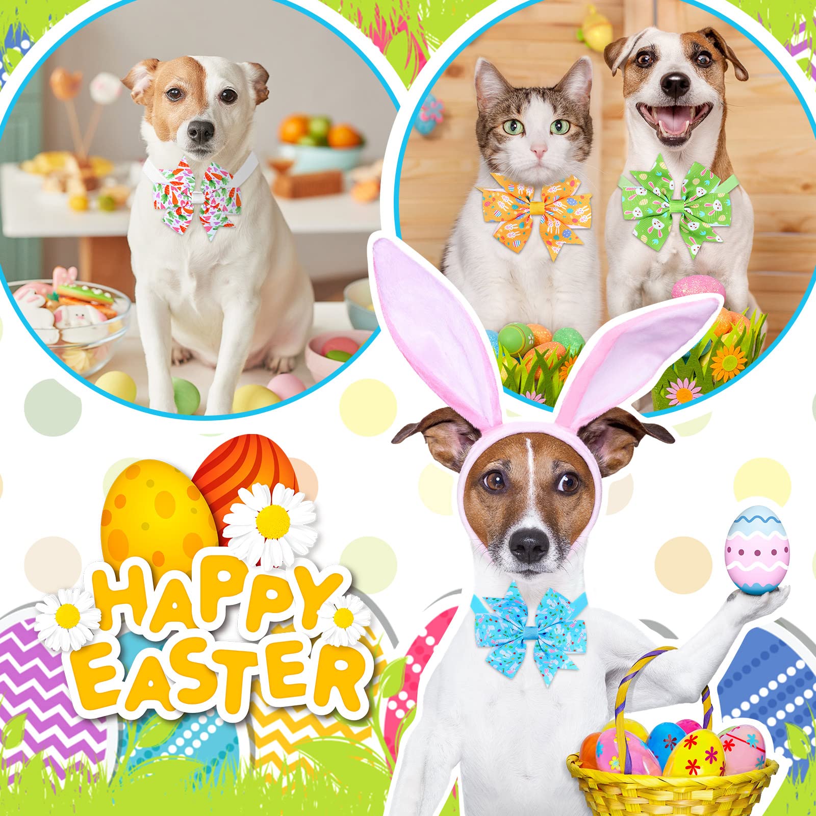 Talltalk 40 Pcs Easter Dog Collars For Dogs Bulk Bunny Spring Dog Collar Easter Grooming Bows With Plastic Buckle Elastic Cat Bo