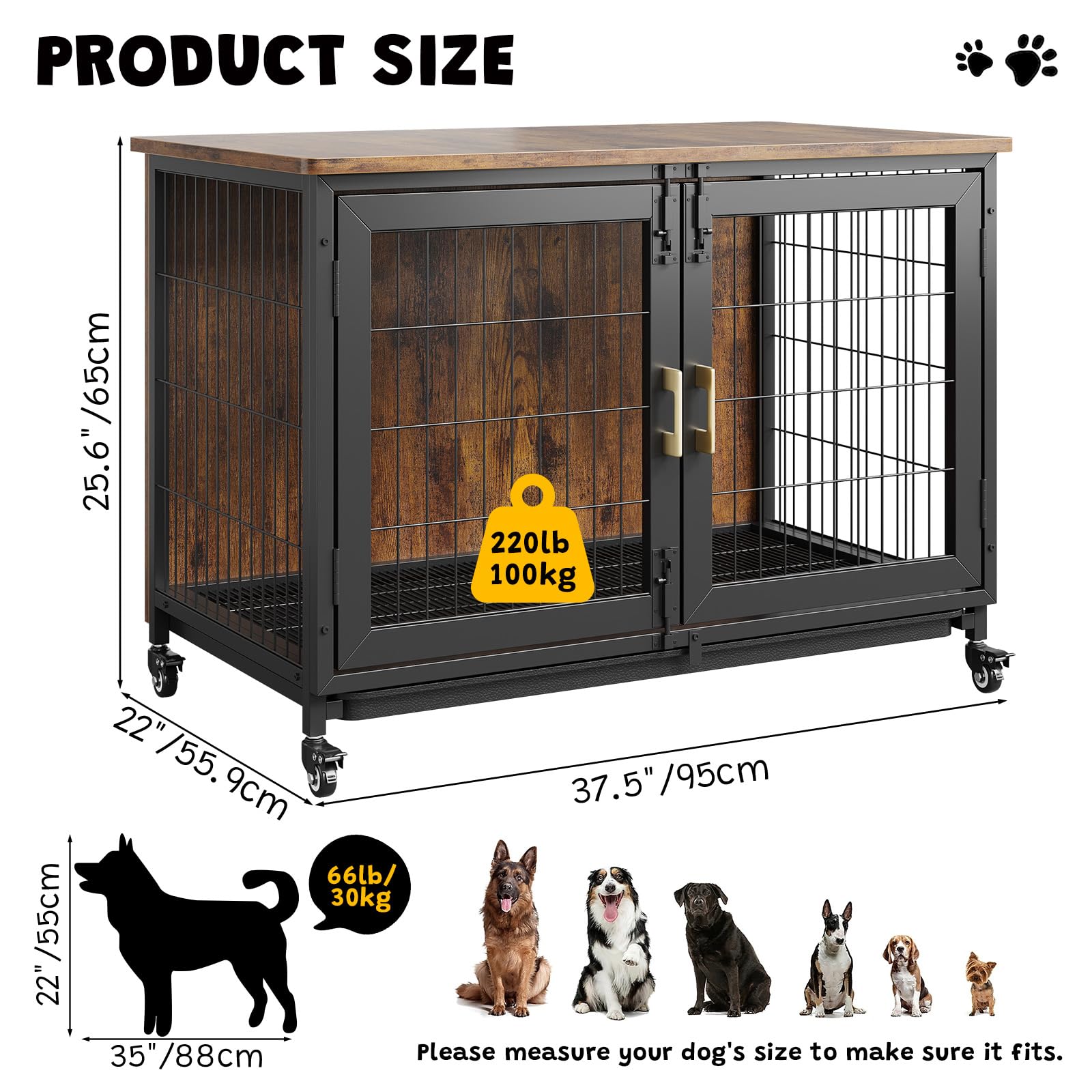 37.4 Inch Large Dog Crate Furniture, Heavy Duty Dog Kennel Furniture with Wheels, Grid Base, Removable Base, Decorative Dog Cage