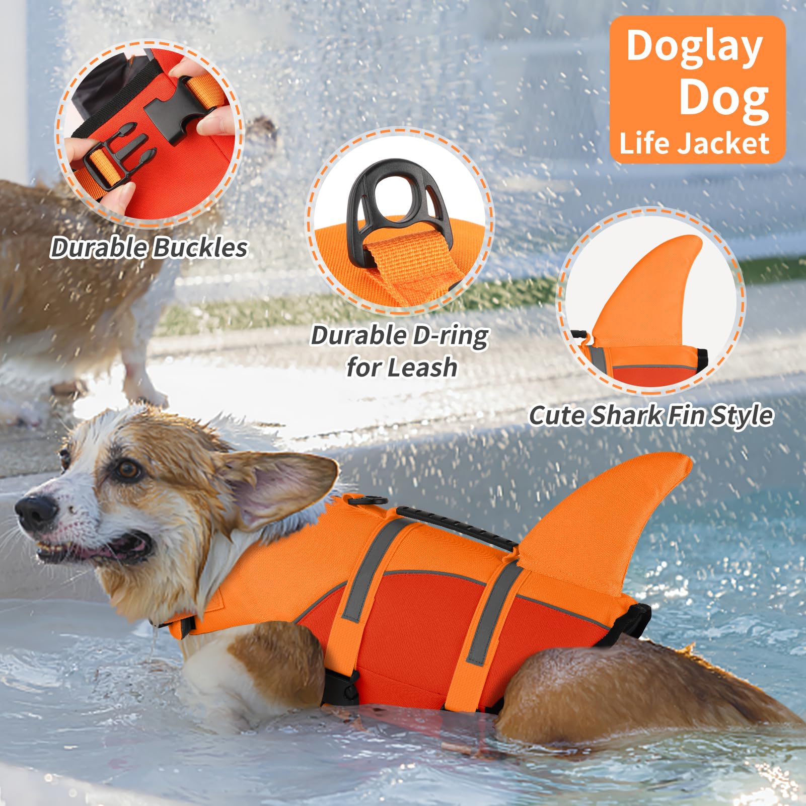 Doglay Shark Life Vest For Dogs - Ripstop Jacket With Superior Buoyancy And Rescue Handle, Adjustable For Boating Swimming, Pet