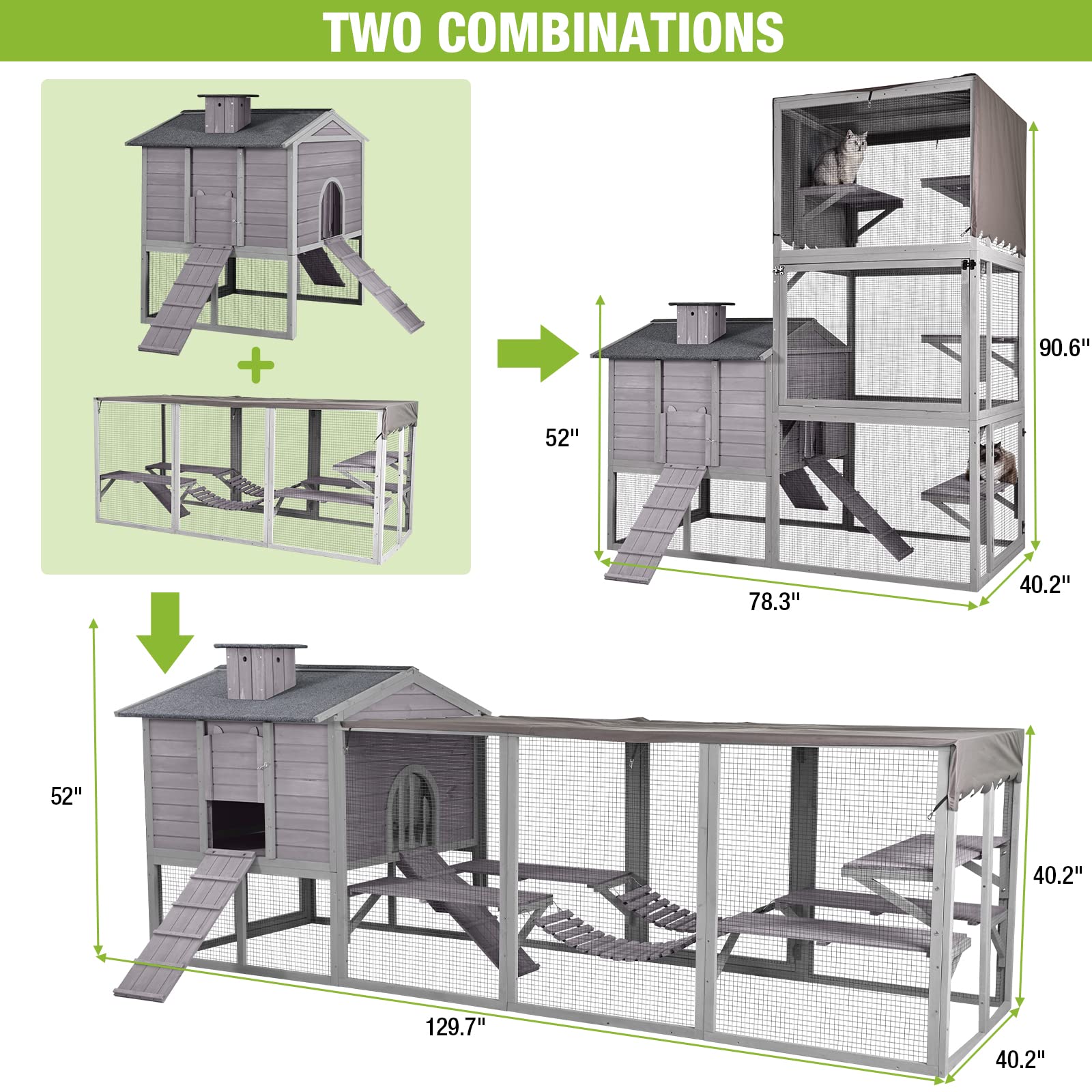 Catio Cat House Outdoor 91'' Large Cat Enclosures For Cats Playpen With Platforms & Pvc Cover,2 Combination