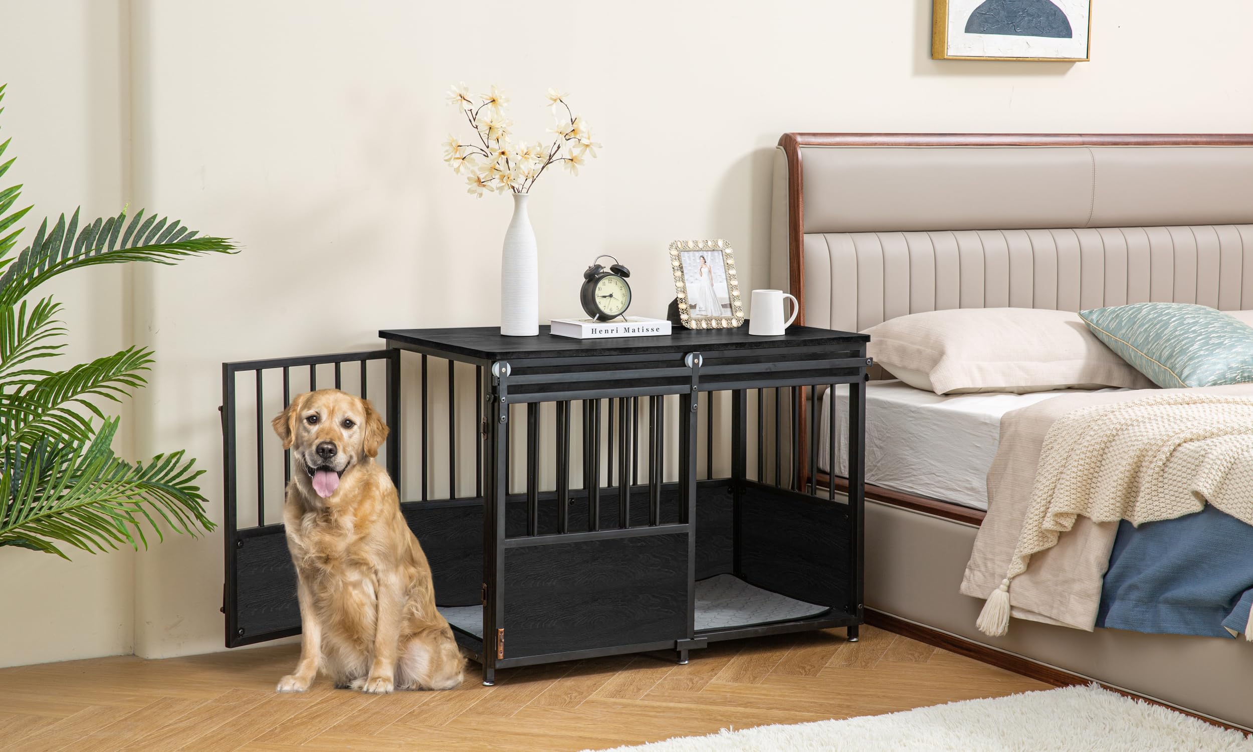 KOOPRO 40" Wooden Dog Crate Furniture, Black, Heavy Duty with Double Doors, Indoor Decorative Pet House, Model KO241101-BK00-01