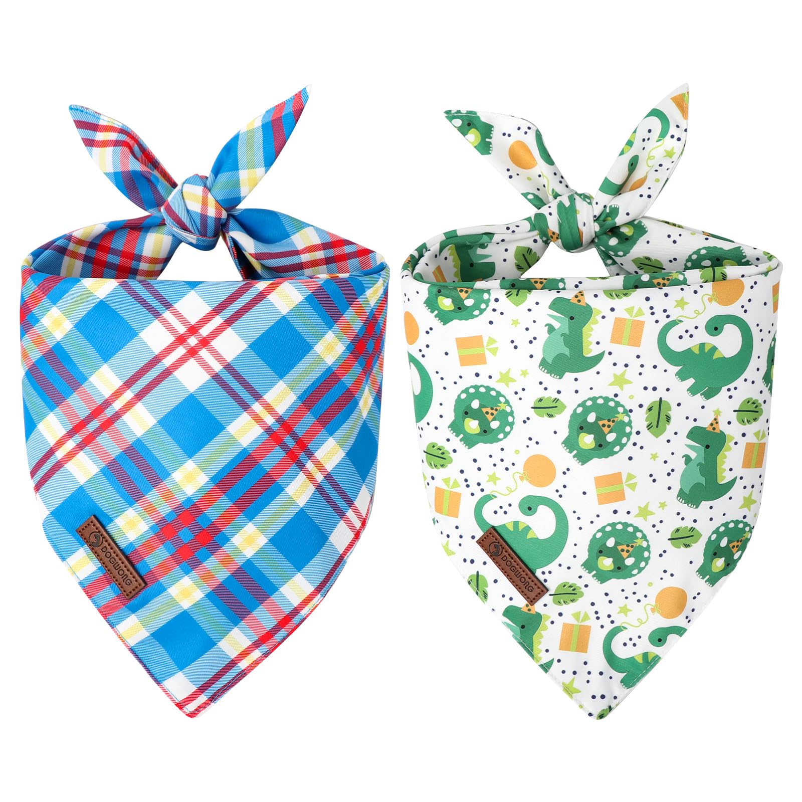 Dogwong Boy Dog Bandanas 2 Pack, Dinosaur Blue Plaid Print Triangle Reversible Rabbit Carrot Pet Scarf Durable Male Bandana For 