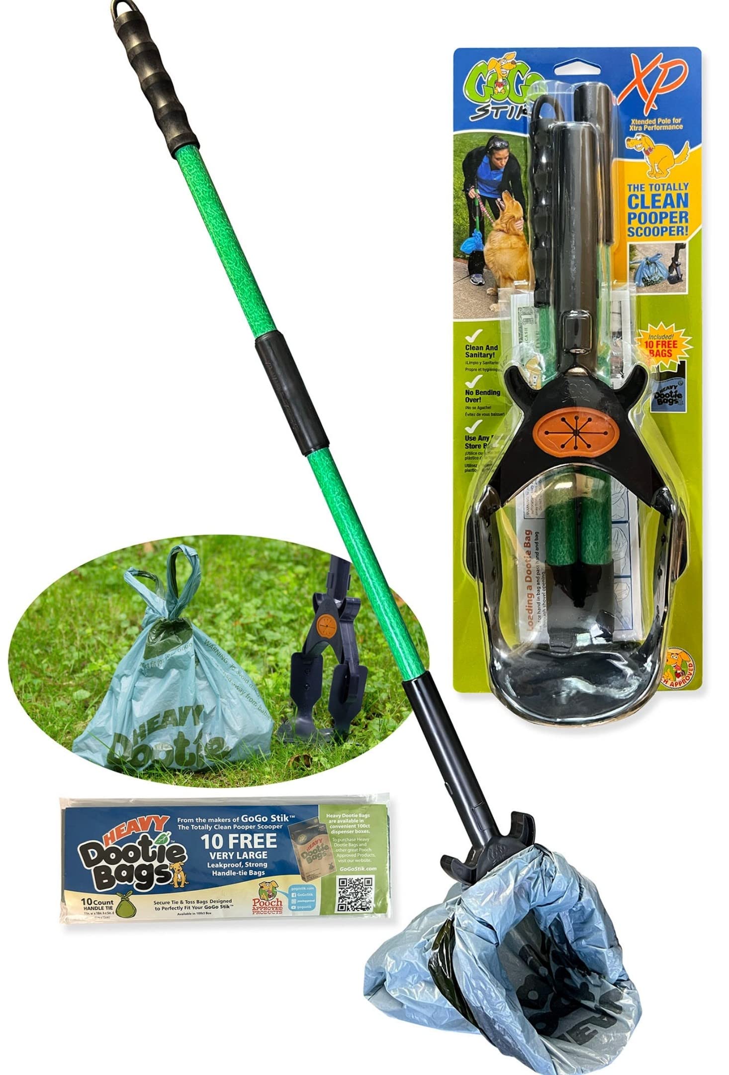 GoGo Stik XP Totally Clean Pro Pooper Scooper with Bags for All Dog Pet Waste Cleanup. 37inch. Keeps Hands and Scooper Clean. Us