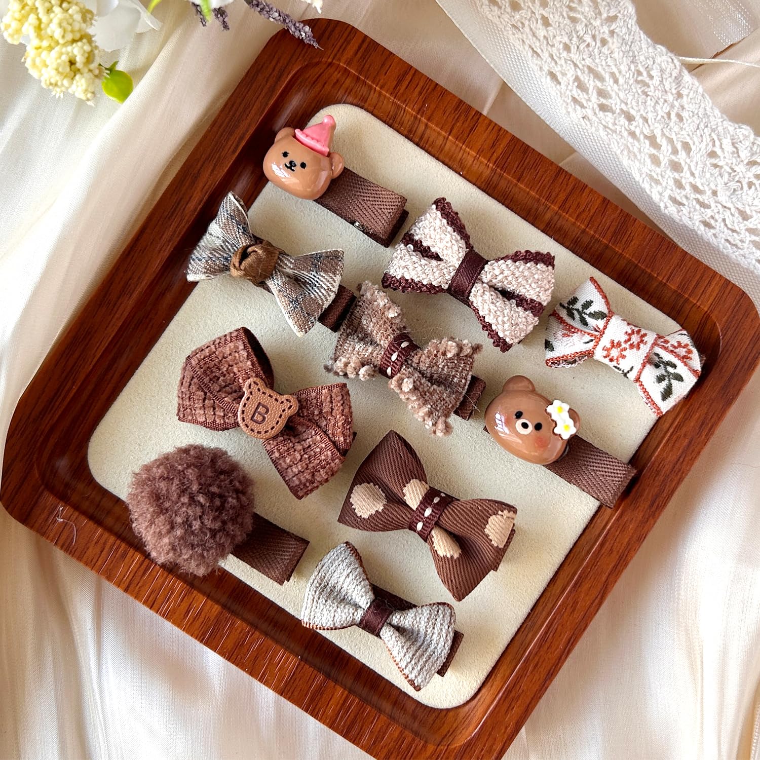 10Pcs Brown Dog Hair Clips 10Pcs Rubber Bands Small Dog Bows Beige Cute Pet Grooming Accessories Alligator Clips Stay In Hair Be