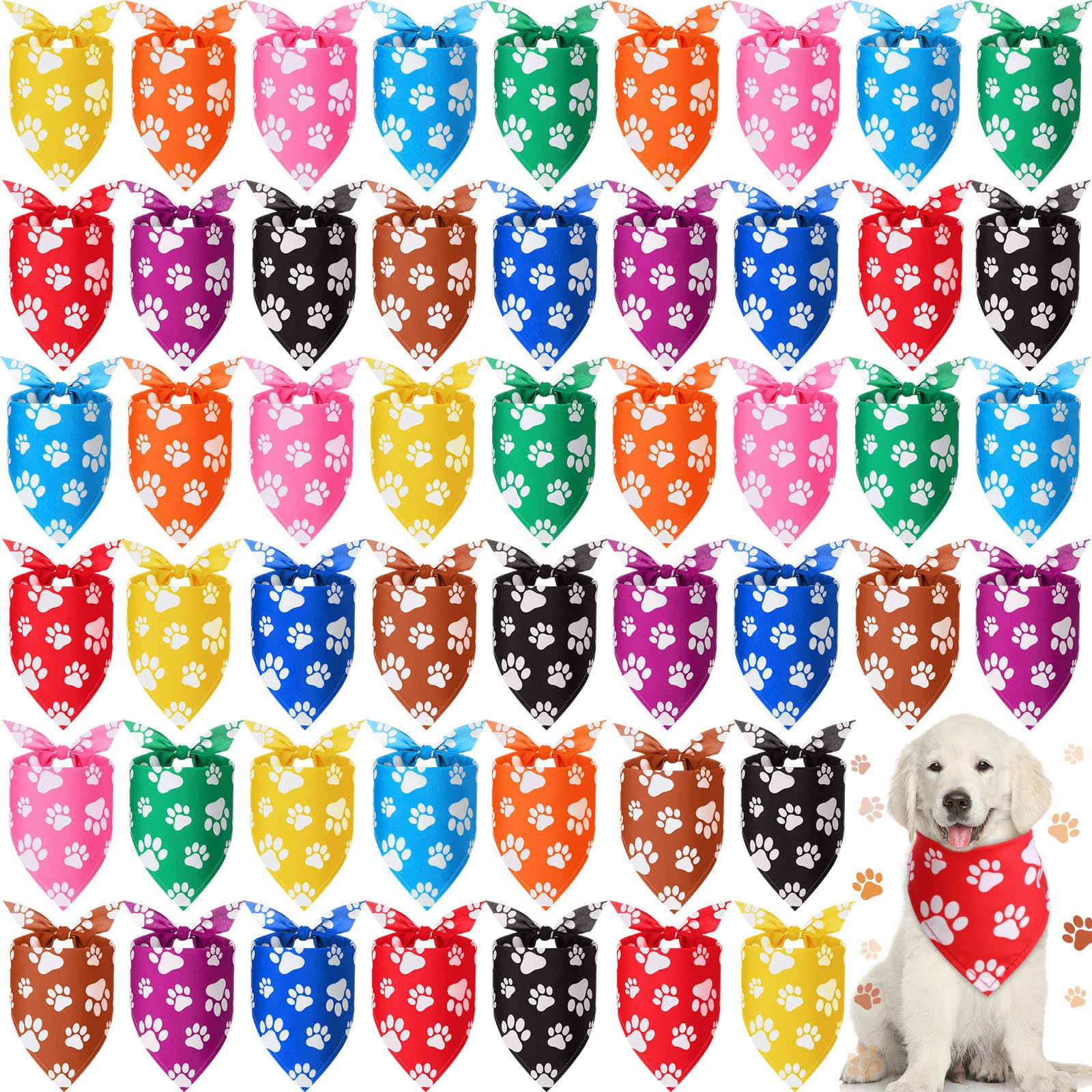 Sanwuta 50 Pcs Colorful Paw Print Dog Bandanas Bulk Rainbow Footprint Bandanas for Dogs Triangle Kerchief Bibs Scarf Set for Pet