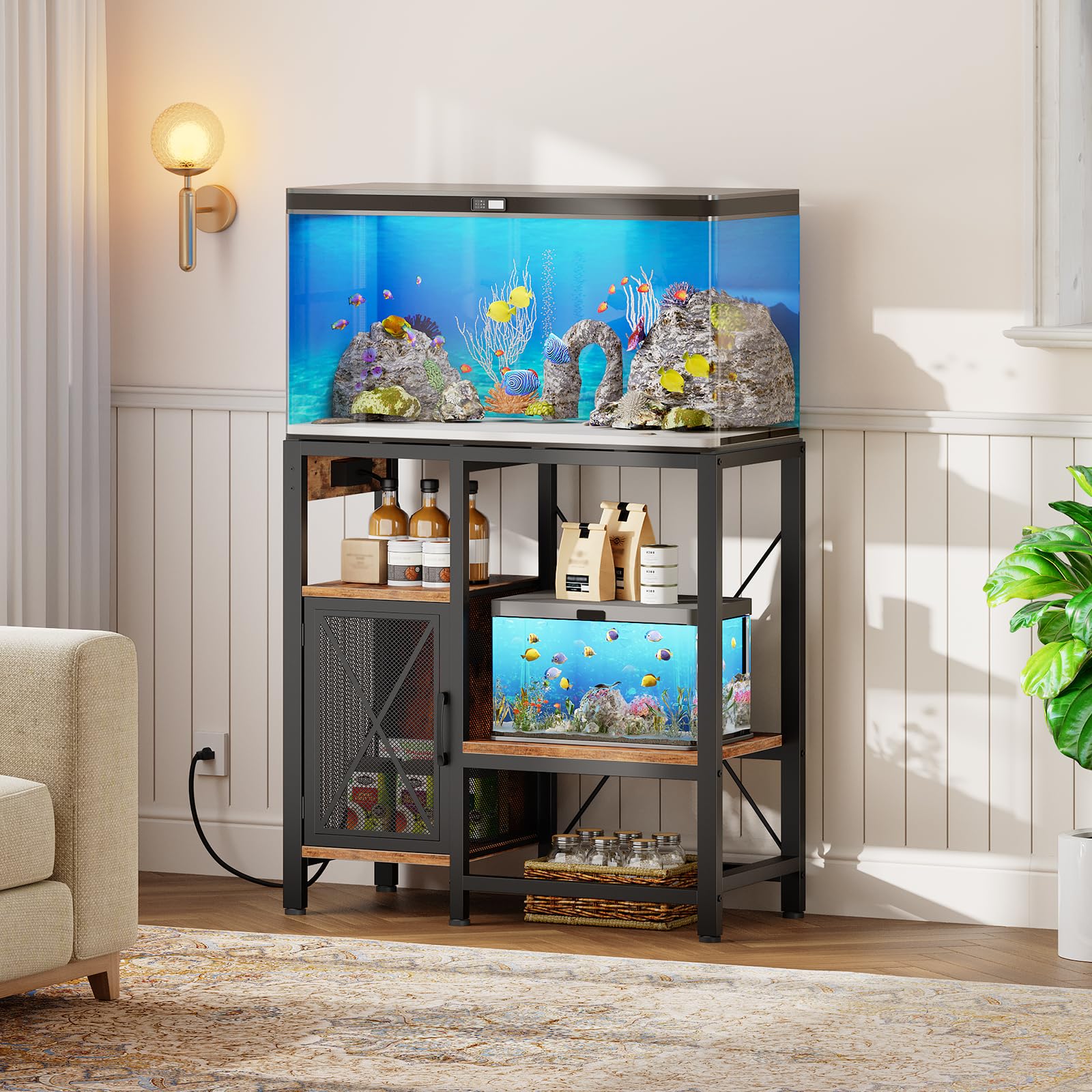 MAHANCRIS 20-37 Gallon Fish Tank Stand, Aquarium Stand with Power Outlet and Storage Cabinet, Heavy Duty Tank Stand Suitable for