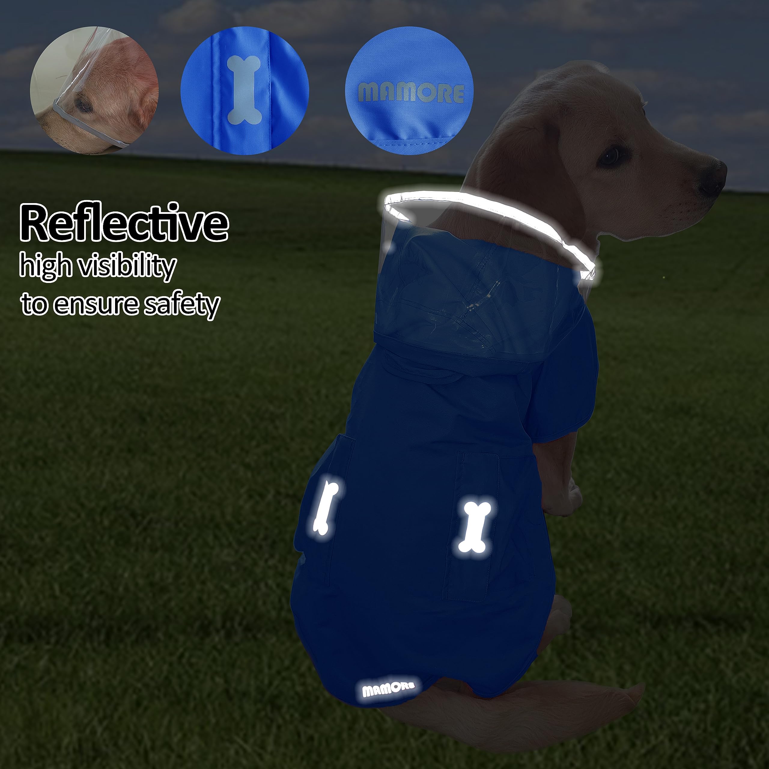 Waterproof Dog Raincoat, Adjustable Reflective Lightweight Pet Rain Clothes With Poncho Hood (X-Large, Blue)