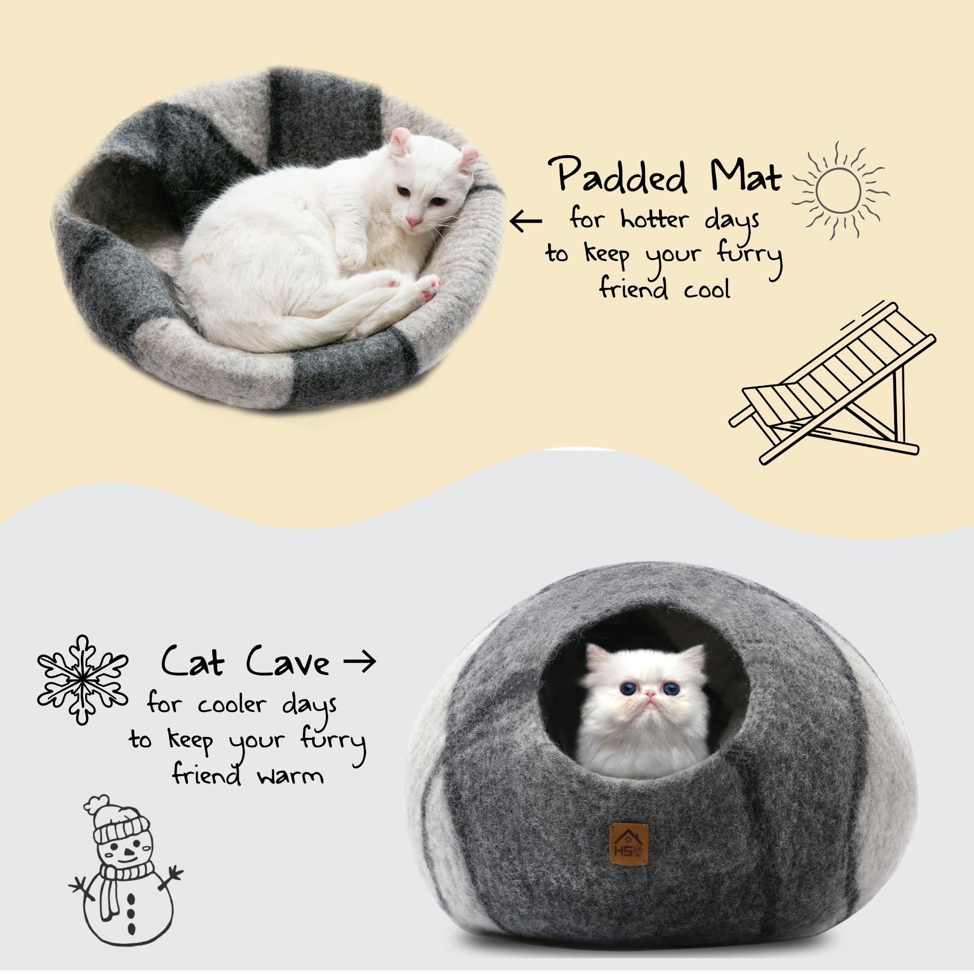 Large Wool Cat Cave Premium Felt Bed For Cats & Kittens Pet House Natural 100% Merino Wool Handmade Indoor Hideaway Eco-Friendly